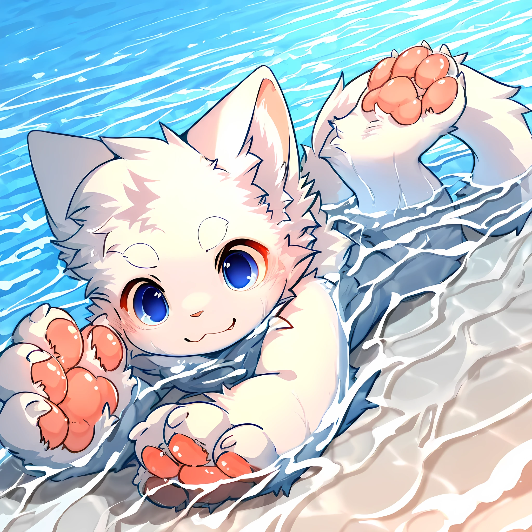 Young male white cat, Pure white skin, Swimming in the sea, Wet, Full body view, Tail, Pawpads, Animal hands and feet, highres, masterpiece, best quality