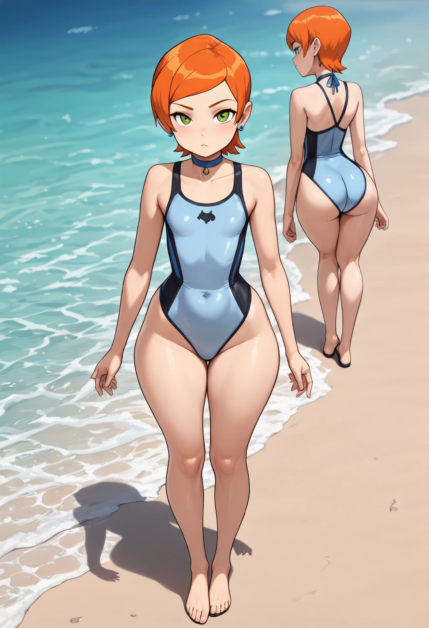 Gwen Tennyson . ginger . short hair . green eyes . flat breasts, flat chest, huge hips . slim body . choker . |  (full body shot, masterpiece, best_quality, ultra-detailed, immaculate:1.3), female focus, annoyance, looking at viewer, standing, hands at sides,  one-piece flover print swimsuit,  beach, outdoors, ocean