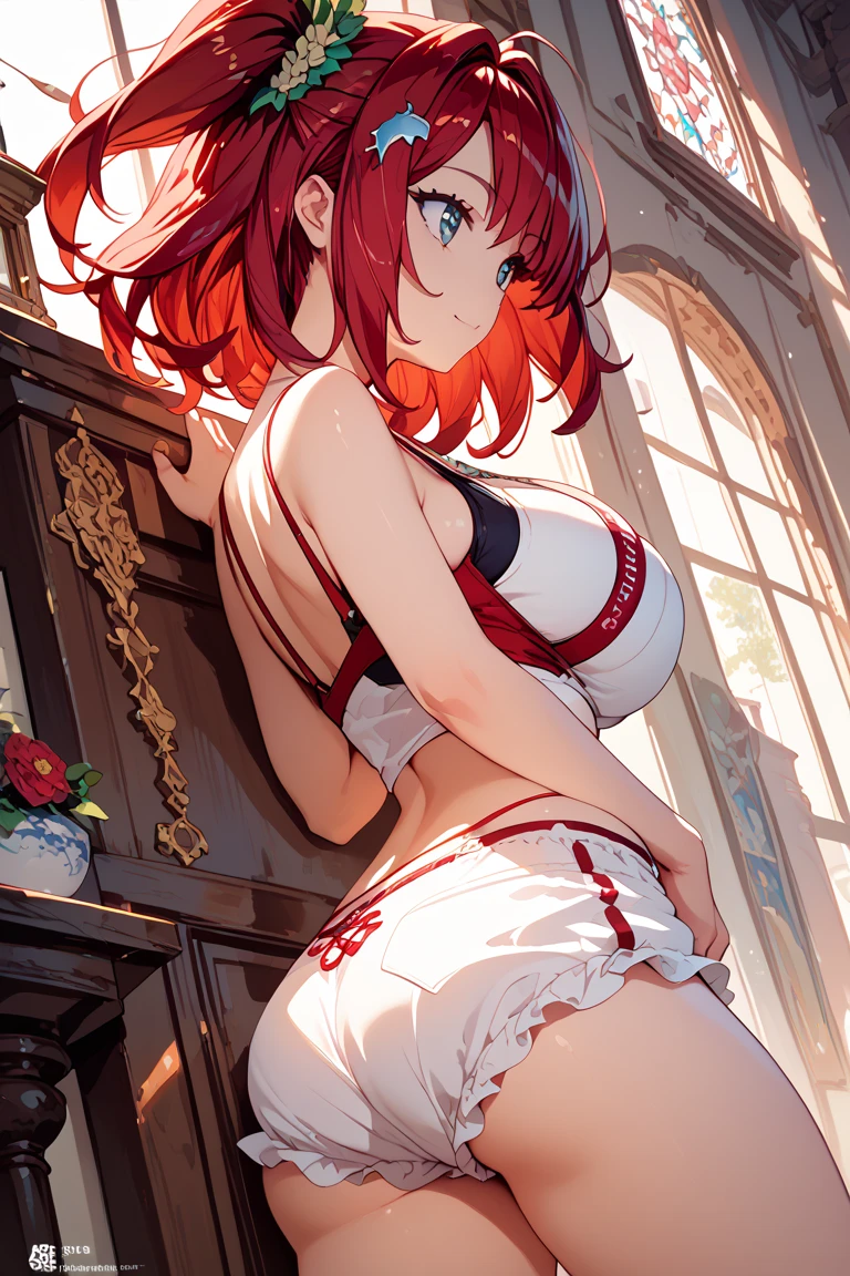 ((Best Quality)), ((masterpiece)), (detailed), 1 girl in a tight red dress, mini skirt, neckline wavy red hair, blue eyes, in an urban landscape at night, big breasts, white panties, ((view from below)),((view from behind))