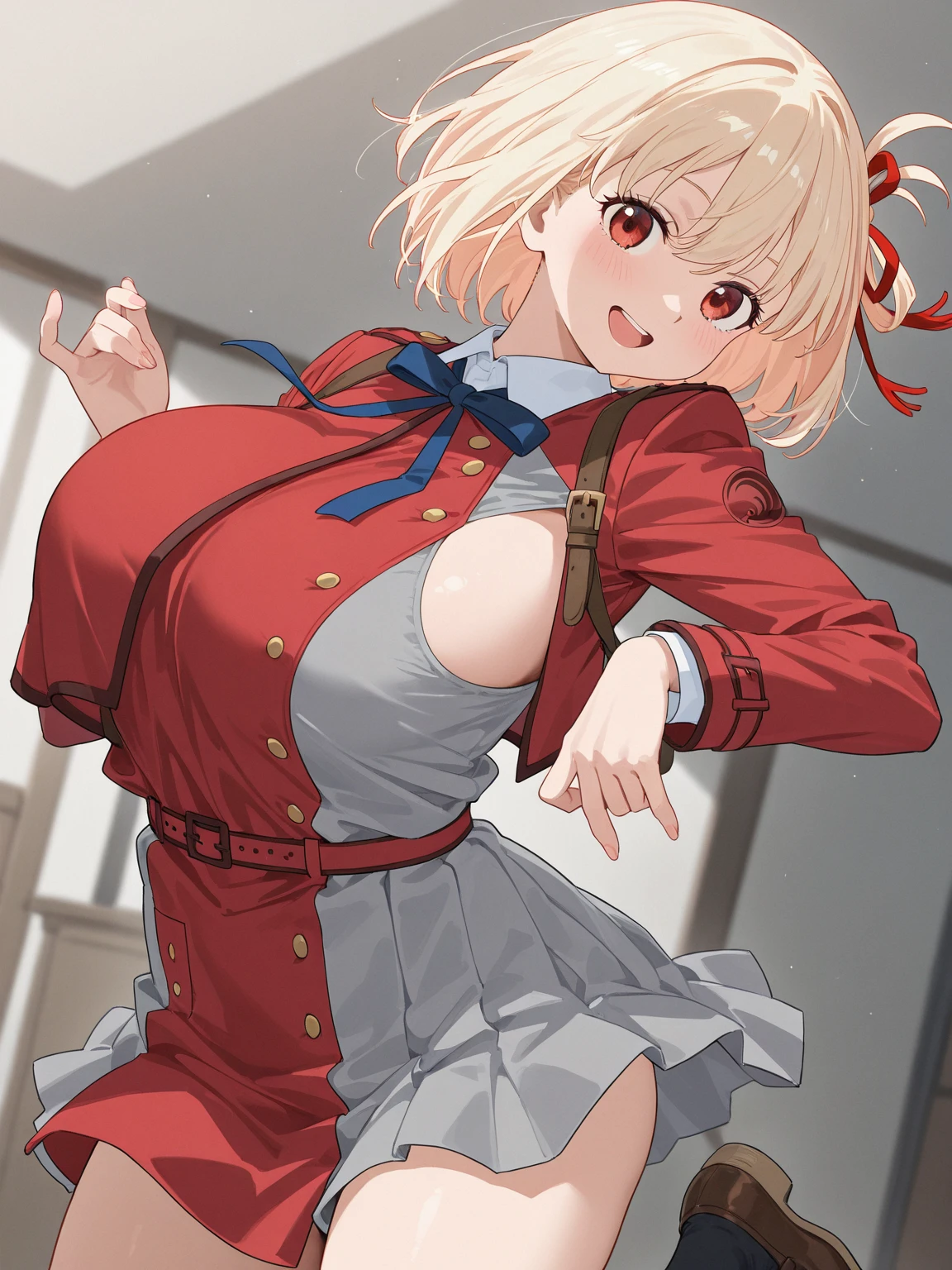 Chisato Nishikigi, Chisato Nishikigi, short hair, bangs, Blonde, (Red eyes:1.5), Hair Ribbon, One side up, Bobcut,Looking at the audience, Heart shaped eyes, at the same time, Nadium Chest, blush,View Audience, From below, concentrate, Beyond the Particles of Light, Love hotel bedroom, I rode it a lot,Red Garter Belt,Red underwear,Red bra,Red pantyhose,Big Breasts,Get on all fours,break looking at viewer, (Cowboy Shot:1.5),break (masterpiece:1.2), Highest quality, High resolution, unity 8k wallpaper, (shape:0.8), (Beautiful and beautiful eyes:1.6), Highly detailed face, Perfect lighting, Highly detailed CG, (Perfect hands, Perfect Anatomy),