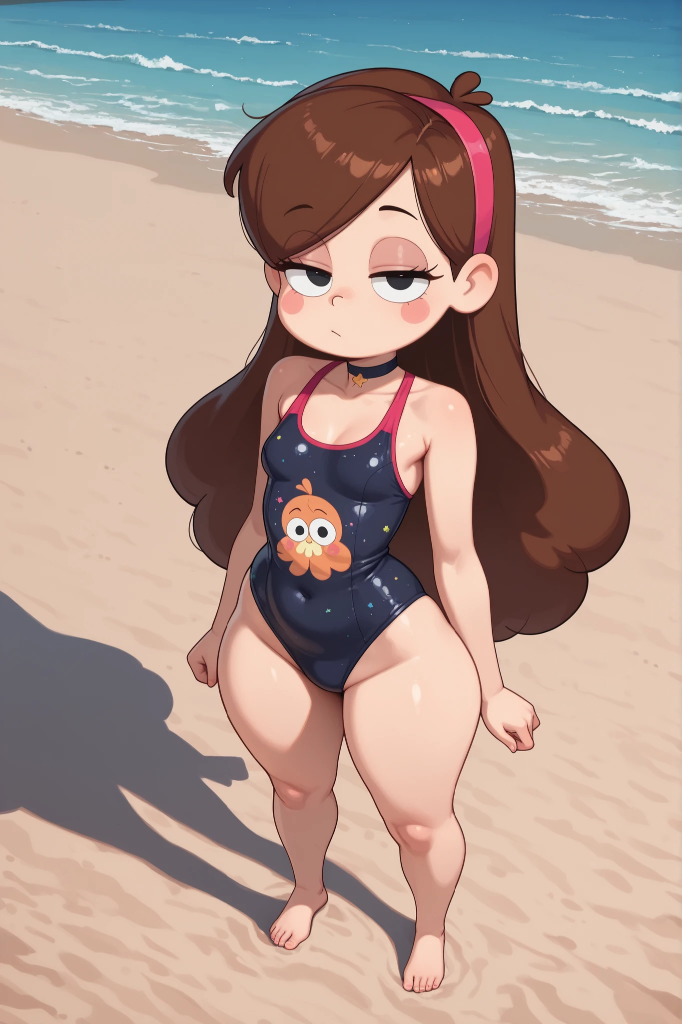 Mabel Pines, blush stickers, brown hair. black eyes. half-closed eyes, small breasts, huge hips. long eyelashes, choker. | (full body shot, masterpiece, best_quality, ultra-detailed, immaculate:1.3), female focus, annoyance, looking at viewer, standing, hands at sides, one-piece flover print swimsuit, beach, outdoors, ocean