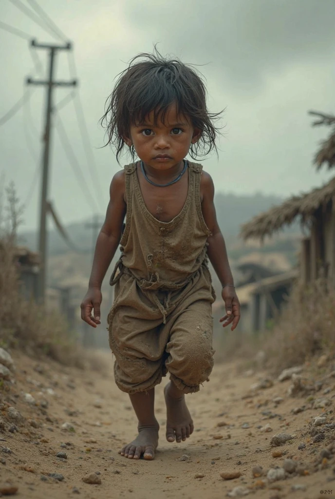 karo,cannon fire,refugee,Poor, hunger,poverty,Tattered clothes, Dirty clothes, Torn clothes, Desperate look,Skinny little girl,