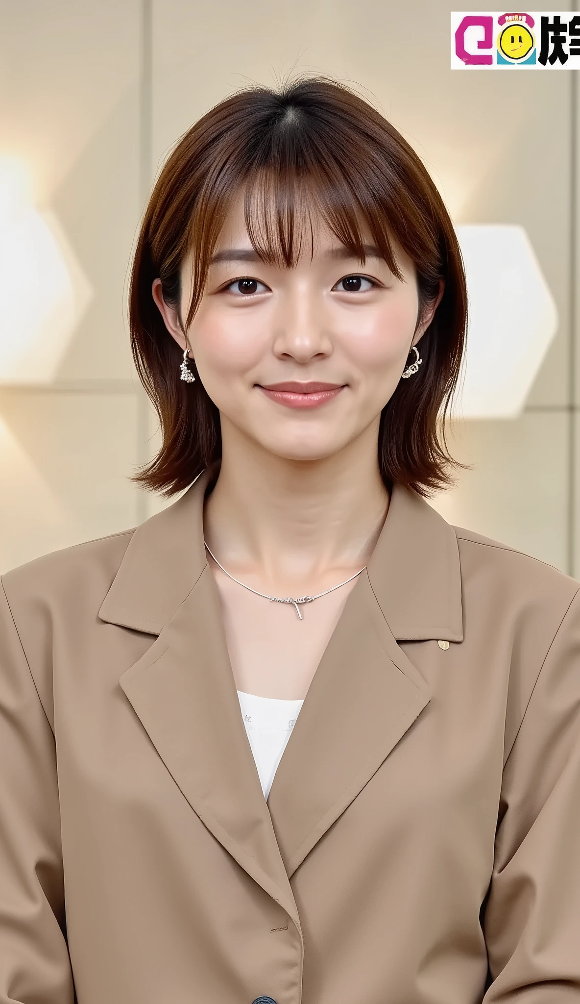 Neat Young Woman、and look at the camera、office lady suit、jacket、shirt、ネックレス、、ear piercing、、無表情、背景はオフィス