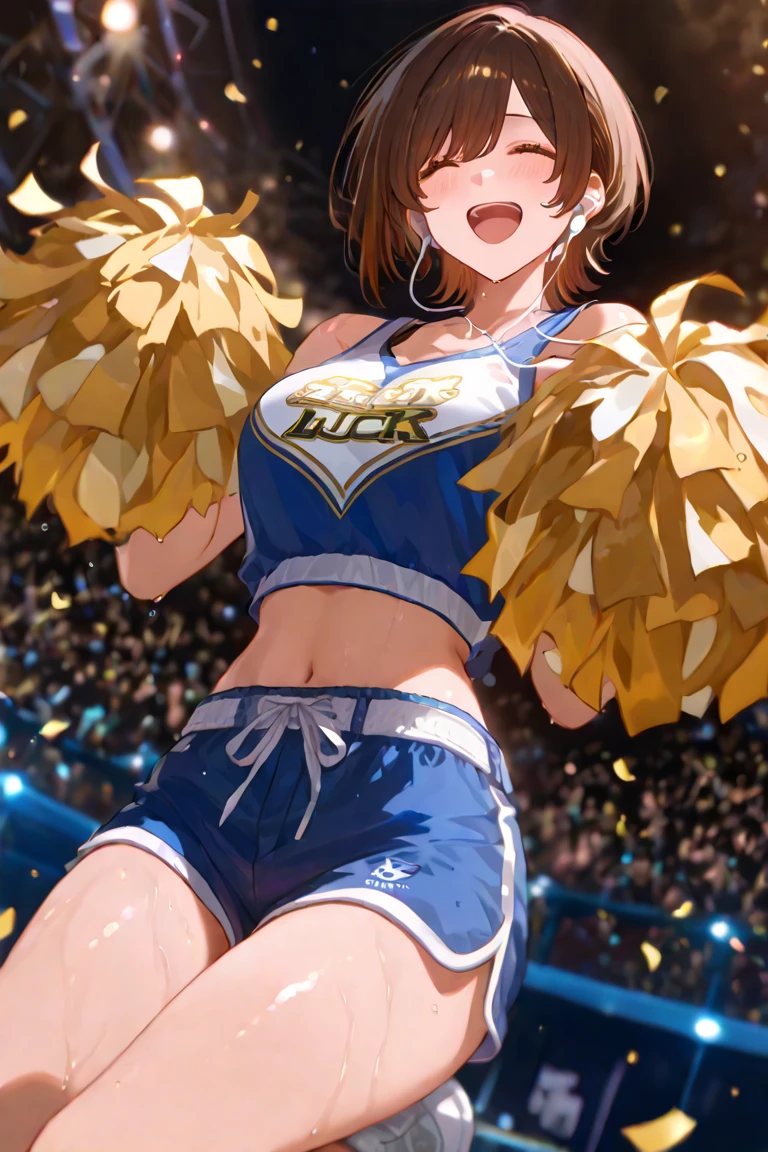 (1 person),(Best image quality, 8k, masterpiece:1.3),((Brown hair bob cut:1.1)),(Swept-apart bangs,), (Cute eyes, Dark Eyes), (Mole under right eye), (thin), (Large Breasts),(Glowing Skin:1.1),(Pale skin:1.2),(Fantasyな雰囲気),(look up),Ultra-high resolution, Textured skin, Sparkle Effect, Gazing at the audience,Fantasy,Big glitter eyes,
Black lace panties,Cheerleader,Braid, ribbon, Wet body,Sweat,
Cheer uniform,mini skirt,pom-pom,Dancing,Confetti,Outdoor,Stadium,Underarm、Raise your hand,belly button,Low - Angle,Cleavage,Jump,
Close one eye, smile,