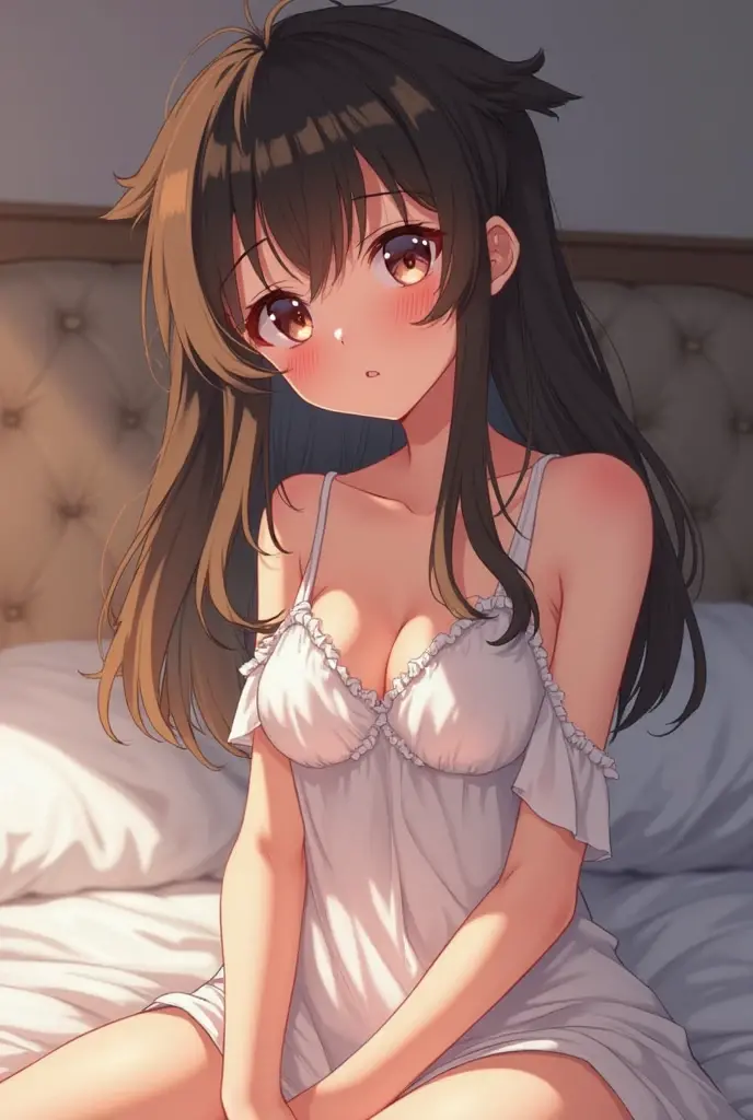 masterpiece, beautiful illustrations, highest quality, pretty girl, 1girl, Bedroom, pastel colour, (two-separated lingerie), cute lingerie, reddish brown long hair, headband, bright lighting, presenting, looking at viewer, on bed