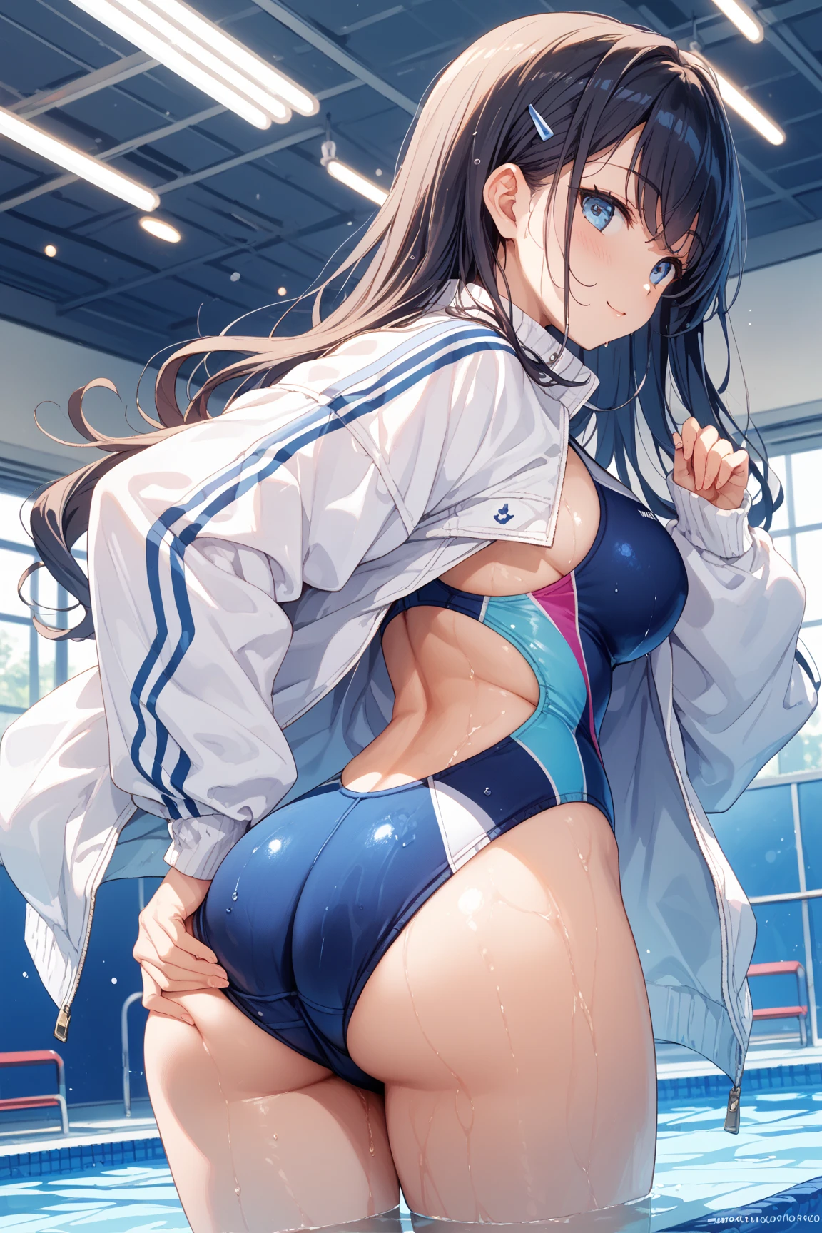 score_9, score_8_up, score_7_up, score_6_up, uncensored, Yukinoshita Yukino, absurdly long hair, blue eyes, black hair, very long hair, lips, shiny skin, sweating, wet, wet hair, steaming body, heavy breathing, large breasts, detailed body, detailed eyes, blush face, seductive smile, (small breasts:1.3), BREAK (masterpiece:1.2), best quality, high resolution, unity 8k wallpaper, (illustration:0.8), (beautiful detailed eyes:1.6), extremely detailed face, perfect lighting, extremely detailed CG, (perfect hands, perfect anatomy), seductive smile, upper teeth, happy, HD, squatting, baseball_cap, 1girl, bikini, swimsuit, hat, side-tie_bikini, breasts, solo, ass, looking_at_viewer, white_bikini, large_breasts, blue_headwear, back, cropped_jacket, shrug_(clothing), yellow_background, looking_back, simple background, muscular female,