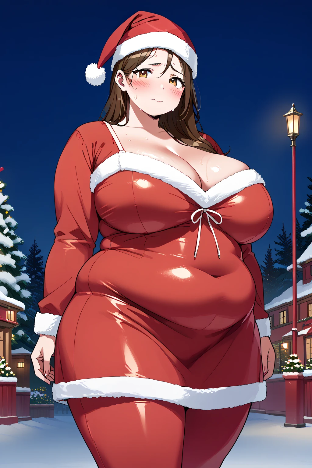 sexy woman, mature, milf, huge breasts, large breasts, curvy, voluptuous, black hair (straight bangs), red eyes, long hair, christmas bikini, santa hat, earrings, grinning, standing, city street, outdoors, night time