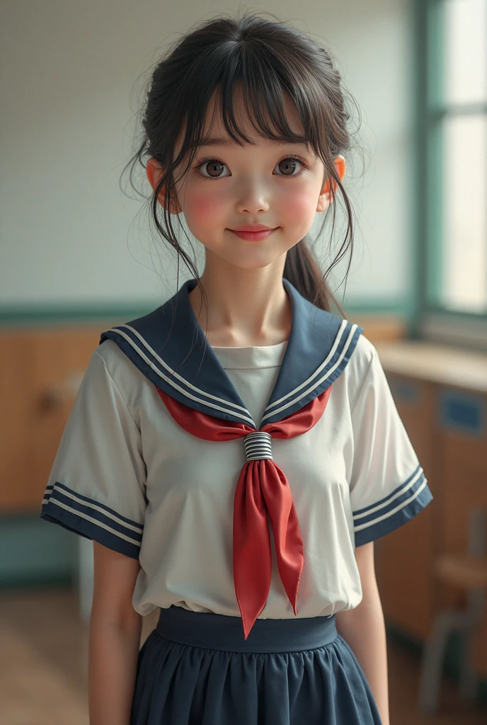 (masterpiece, highest quality:1.2), 8k, official art, RAW photo, incredibly absurd, ( sailor suit, serafuku:1.4), amazing beautiful girl, amazingly cute face, (navy pleated skirt:1.1), close, school uniform, short sleeve, gardenia, violaces, teen, street, looking at the viewer with a smile, no makeup, film grain, chromatic aberration, sharp focus, face light, dynamic lighting, cinematic lighting, detailed eyes and face,short hair、(((white skin without moles)))、 background bokeh、super slim thighs、((Erotic Panties are showing through、beautiful pussy line))、(High twin tails with ribbons:1.4),,(((A child with an extremely cute young face:1.35))), 、(very young with big breasts:1.2)