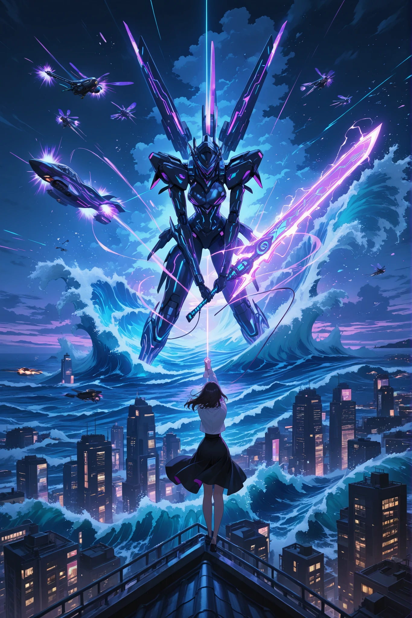 girl, huge giant cyber sword two-handed in hand, waves electric, on the roof, night view, flying cars fly , outfit passionate, masterpiece, Best quality, Anime style, high-quality illustration, detailed,