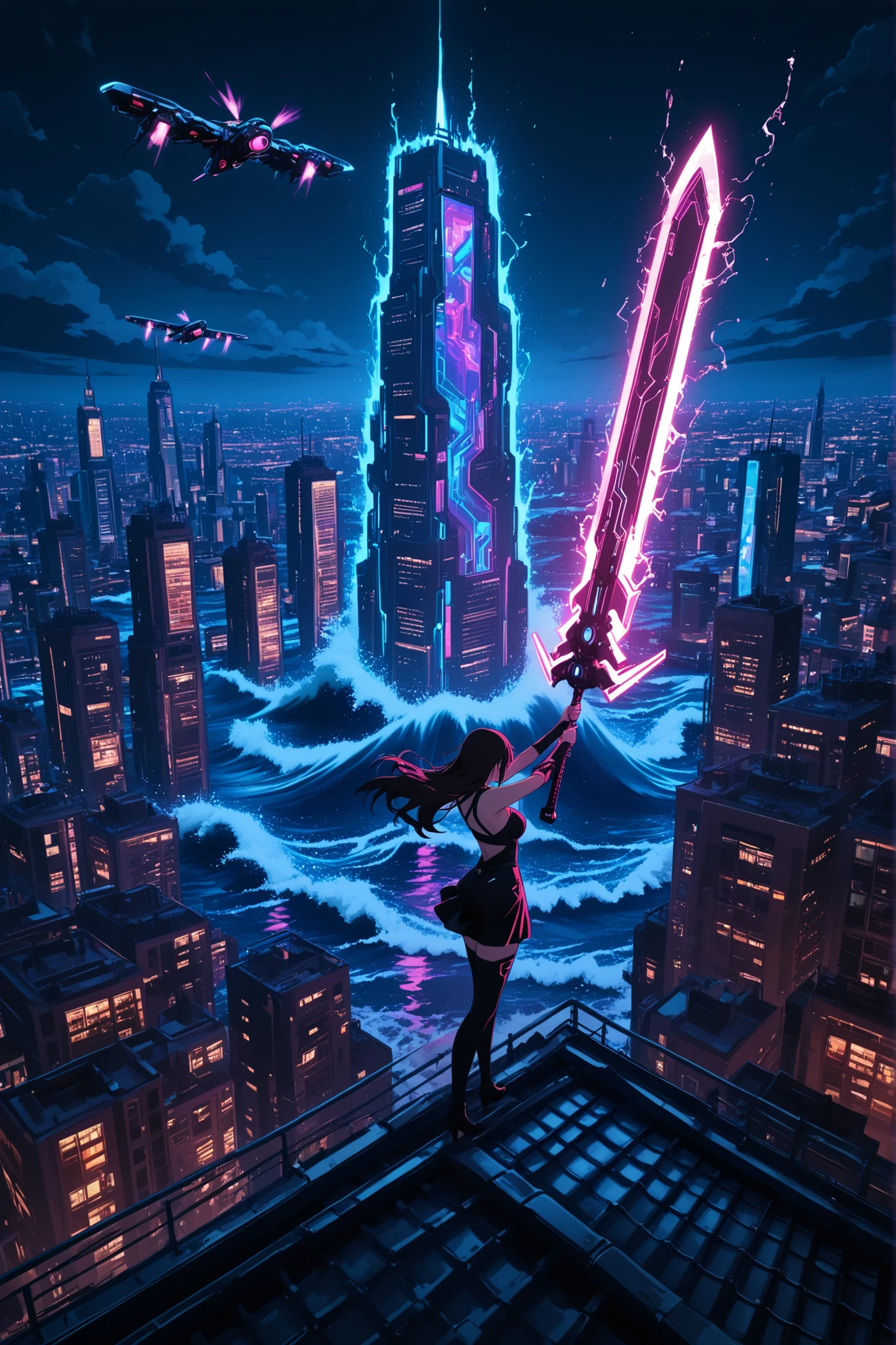 girl, huge giant cyber sword two-handed in hand, waves electric, on the roof, night view, flying cars fly , outfit passionate, masterpiece, Best quality, Anime style, high-quality illustration, detailed,