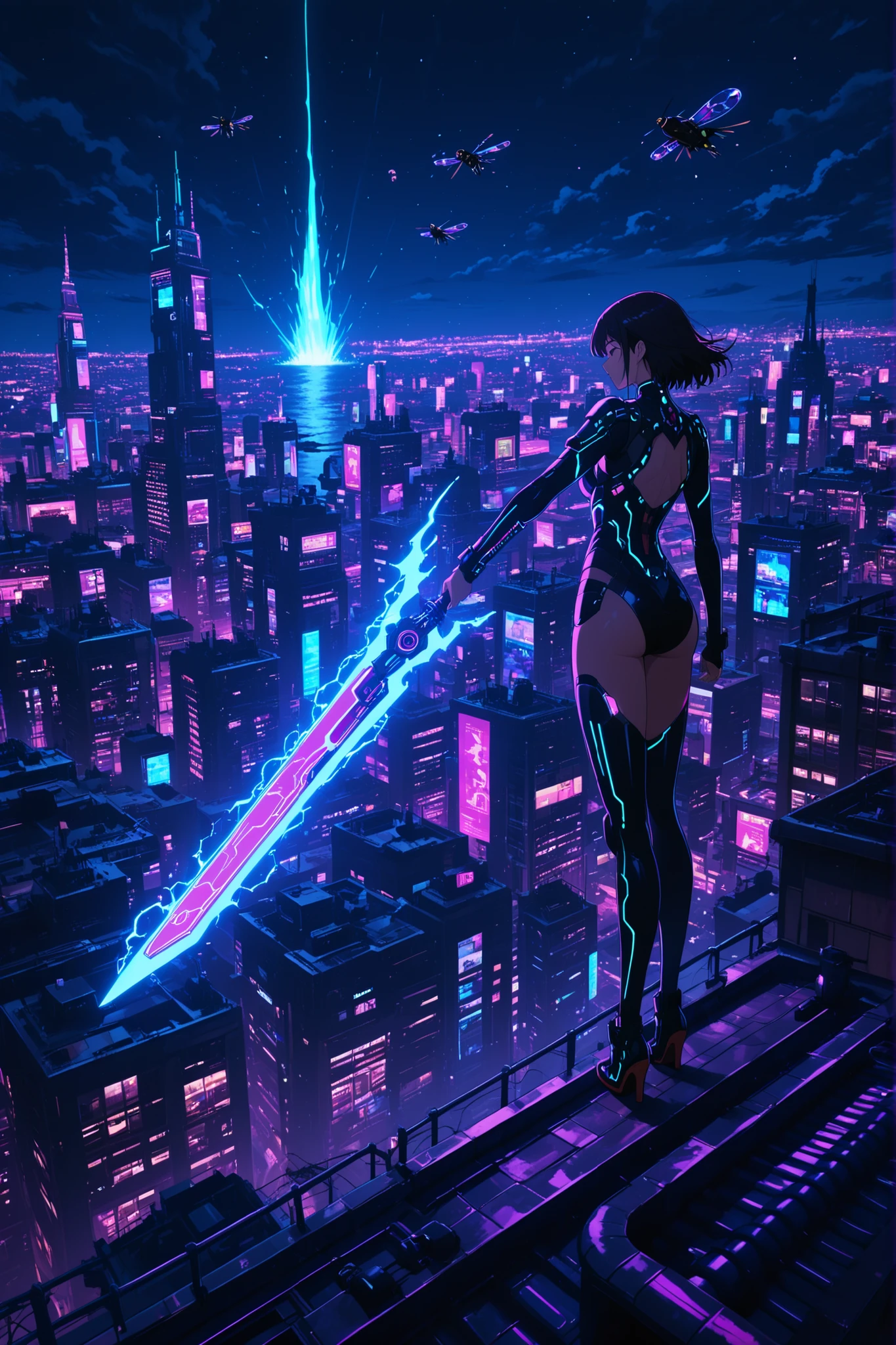 Sh1neon, girl, giant cyber sword in hand, waves electric, on the roof, night view, flying cars fly , outfit passionate, masterpiece, Best quality, Anime style, high-quality illustration, detailed,