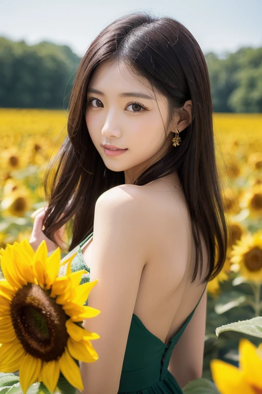 (((Nude))), ,(1若い女の子Very detailed美しい顔), (((Natural Makeup))),Great face and great quality:1.4), (Ultra-detailed), (Very detailed CG 統合 8k 壁紙), Very detailed,21 years old, High resolution raw color photos, Professional photography, Realistic portraits, Great face and eyes, Brown eyes,(((Straight medium brown hair))), model, Depth of written boundary,,sit,smile,(((Nude))),(((Quite small breasts))),(Leg spread),(((Graceful pose))),,Sunflower field,