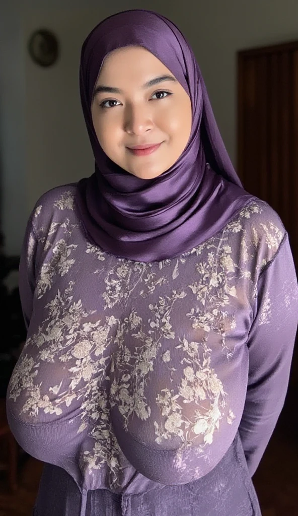 50 years Old, Hijab Indonesian mature woman, Big Tits : 66.9, Gamis, Breast out from her clothes : 1.9, at doctor office, Dark light, at Nighttime