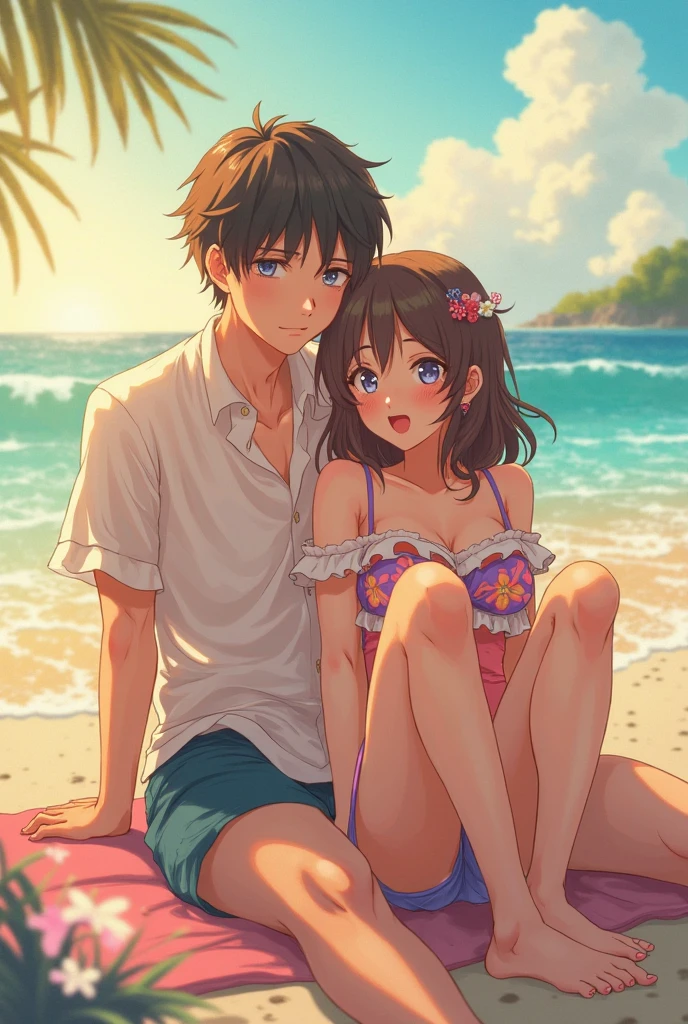 an anime short haired girl wearing a bikini and a sea trough shirt on a beach with a handsome guy, having fun and smiling