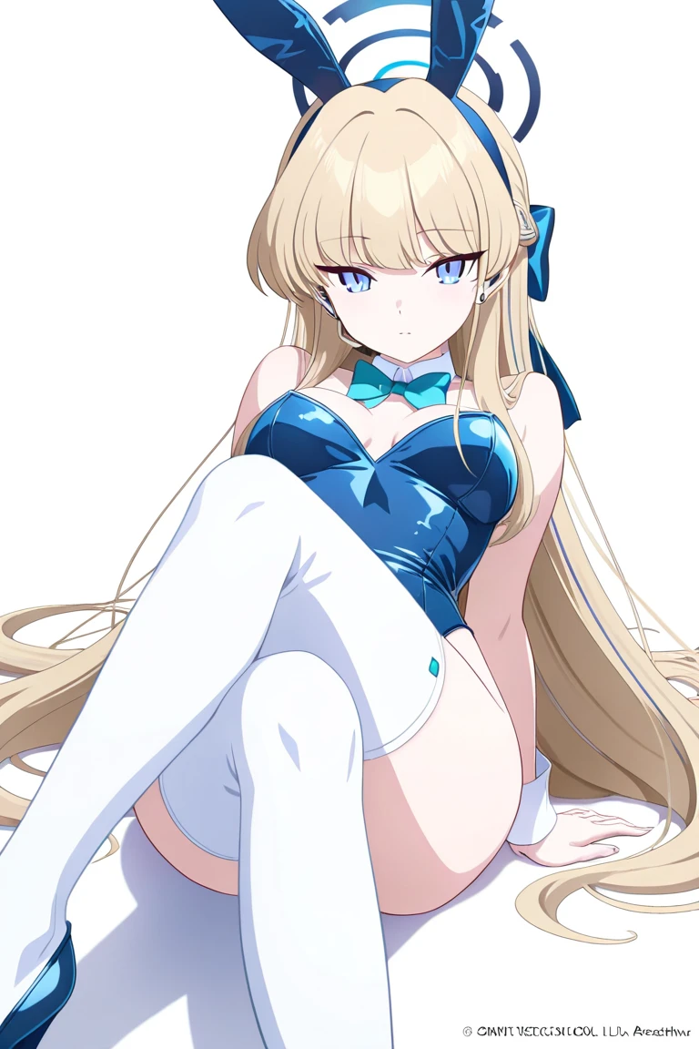 best quality, masterpiece, toki, halo, long hair, rabbit ears, detached collar bowtie, bunny leotard, white thighhighs, bunny tail, earpiece, earrings, hair ribbon, wrist cuffs, looking at viewer, head tilt, expressionless, seiza, expressionless, closed_mouth, night sky, forest, arms behind head, spread armpits, midriff, contrapposto, cowboy shot,