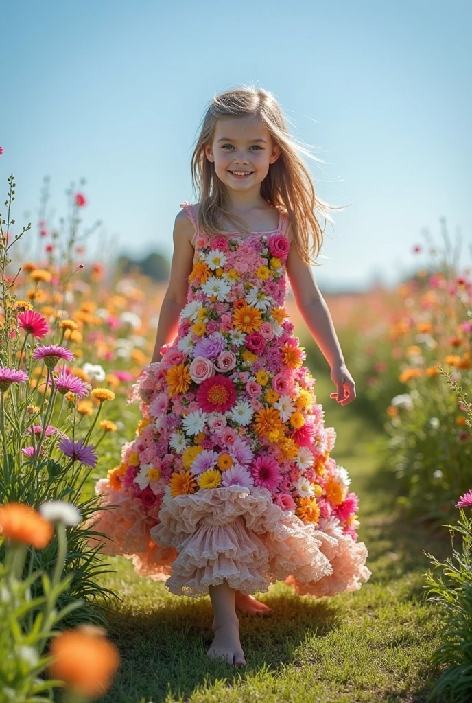 a children tulle dress that has a brightly colored Embroidery sunflower on it , Real fabric texture , Three-dimensional detail , special , Embroidery and appliqué ,front view, white background