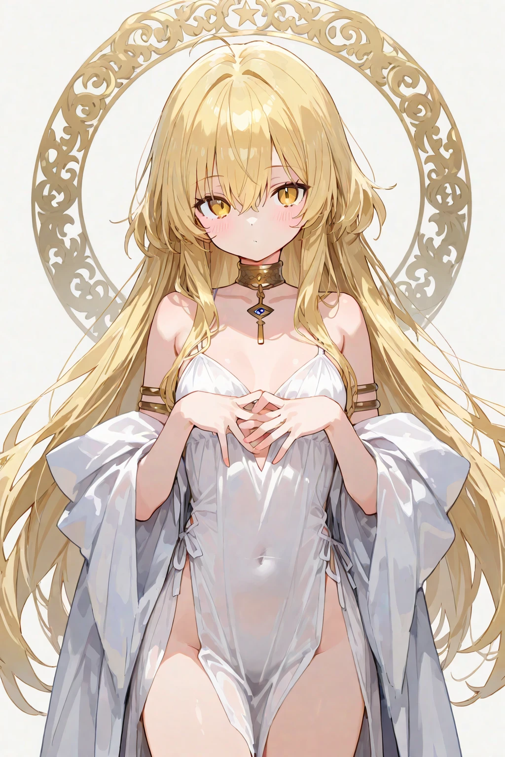 girl anime style short white and gold skirt seductive pose medium sized breasts blonde long hair flushed cheeks