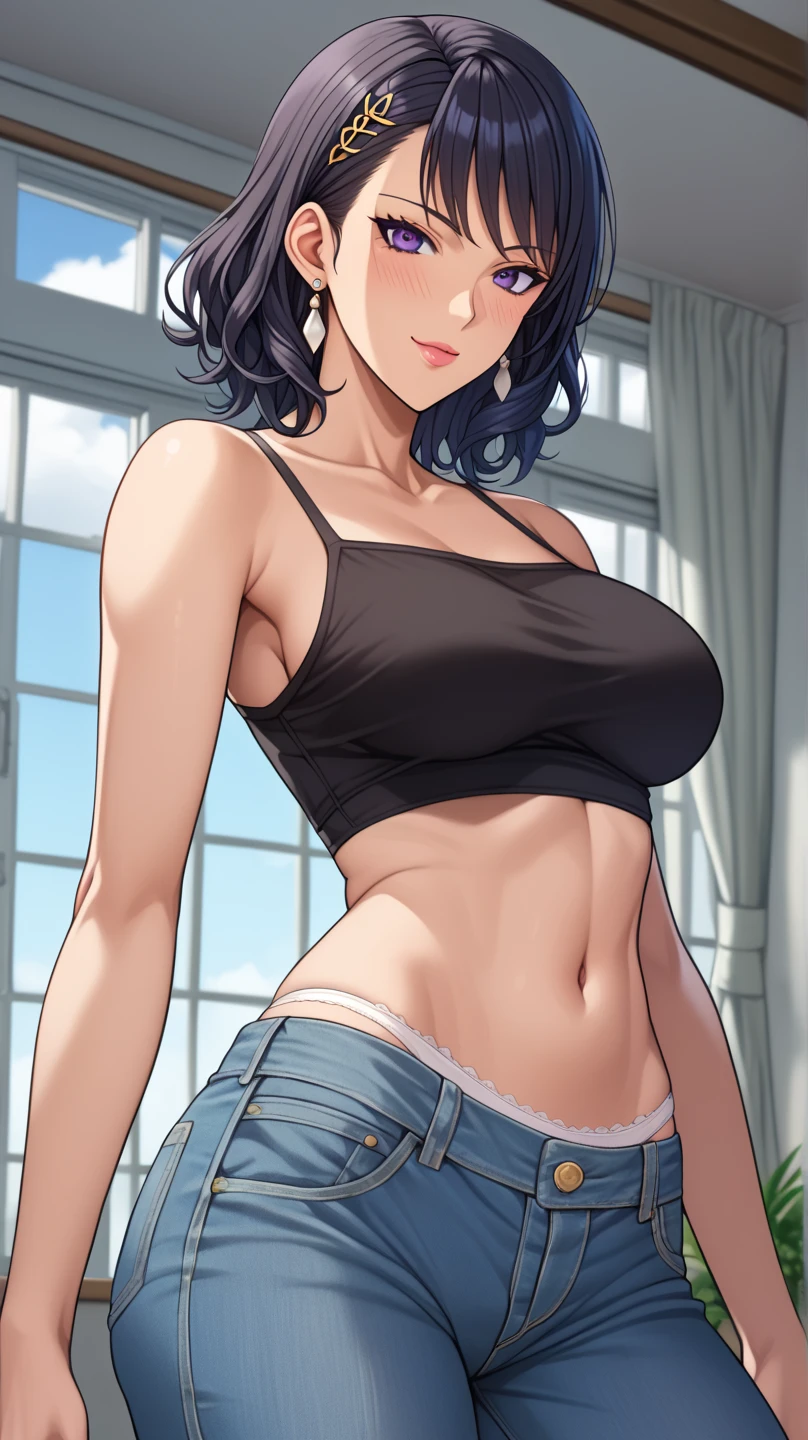 masterpiece, best quality, highres, hmn1, eyepatch, breasts, white_tank_top, no panties, midriff <lora:himeno_(chainsaw_man)_v1:0.7>, cowboy shot, indoors, smile, open mouth, <lora:SelfBreastGrab:0.8>, <lora:add_detail:0.7>