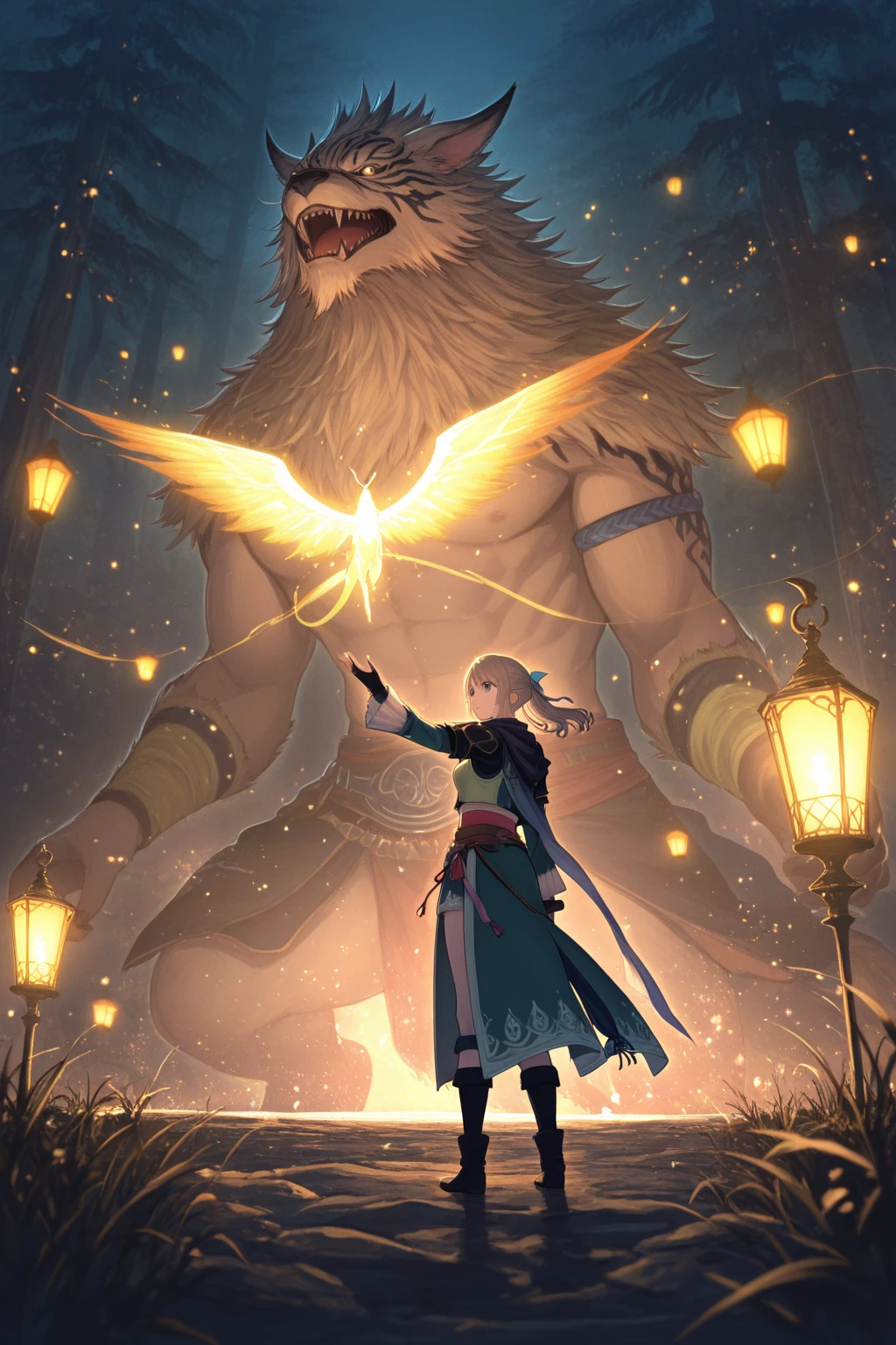 (Masterpiece), (Excellent), Best Quality, Masterpiece, (Granular clouds!), (Detailed trees in the background!), ((Detailed grass!)), Close-up of a person, standing in the field of, Video game Genshin Impact, Character Genshin Impact, Ayaka game Genshin Impact, Genshin Impact, Ethereal Wolf in the background, elemental guardian of life, Genshin Impact Style, genshin, Video game in the genre of role-playing game, A giant ethereal creature, The fusion of man and wolf, overcast sky, Clouds, Sunset,(Masterpiece), (Excellent), (Video Level Backlight 1.5), (Masterpiece), (Best Quality), Highly detailed