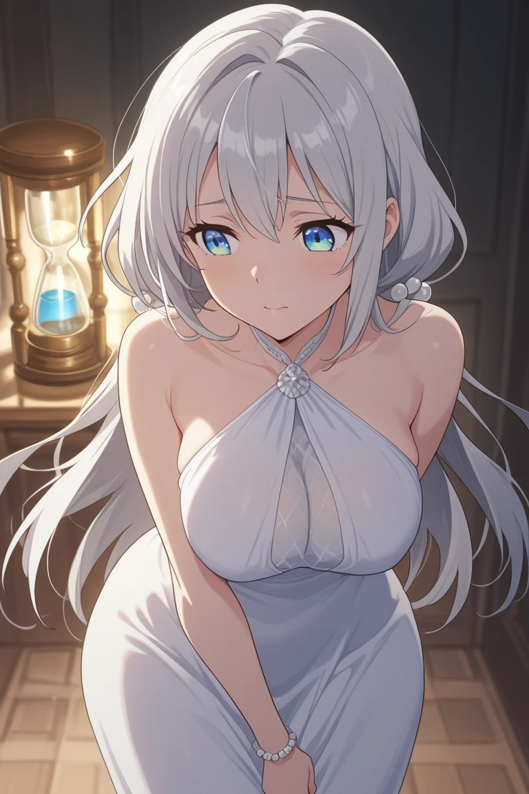 (best quality, masterpiece: 1.2), ultra-high resolution, realistic, front lighting, intricate details, exquisite details and textures, 1girl, solo, (young), face illumination, upper body, detailed face, tear mole, white skin, silver hair, ponytail, pigtail hair, looking at the viewer, big eyes, silk robe, (hollow pattern, white, silk), earrings, small breasts, slim body, luxury room, professional lighting, photon display, radio, physical rendering