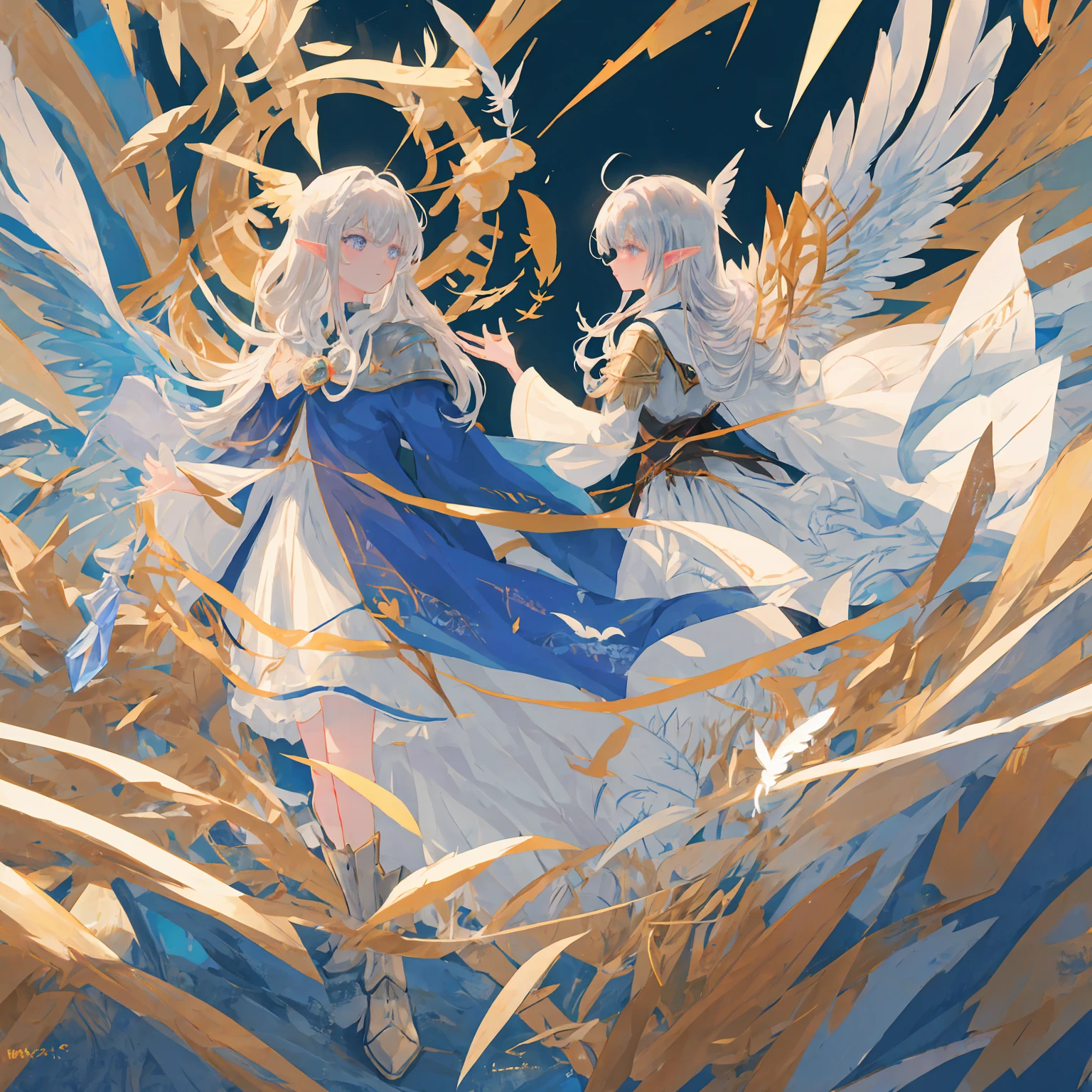best quality,masterpiece,high resolution,full view,(from front:1.2),(character(2boys:1.7)),beautiful clevage body, standing, smile,eyes(glowing), beautiful blue eyes,pale blonde shiny hair at eyebrow level,blue loose backless dress with gold chest armor and belt strap,(white background:1.7),((no background)),elegant, detailed,trending on CGSociety,trending on artstation, smooth, sharp focus, illustration, art by (Akihiko Yoshida:1.2) and Studio Ghibli and ismail inceoglu and (greg rutkowski),(nsfw and erection:1.5),medieval armor,masturbation,(piledriver \(sex\):1.5)