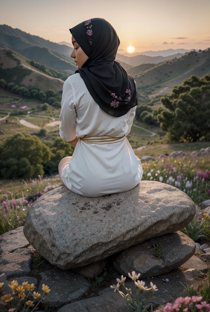Kurdish woman in hijab  sitting in tall grass view from top