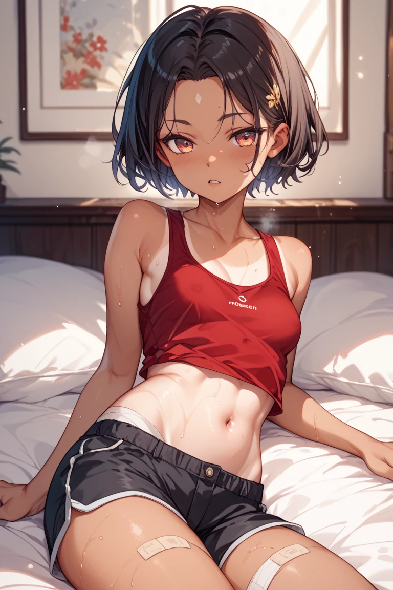 A Japanese high school girl with a poor, bloodied body is beated down in a martial arts arena. She has been beaten to a pulp. she is lying down in a martial arts arena. Sweaty and covered in scars, she has one eye closed and her mouth open, panting and drooling. She wears a tattered tank top, spats, and open-fingered gloves. Erect nipples. Her poor belly. Small breasts.