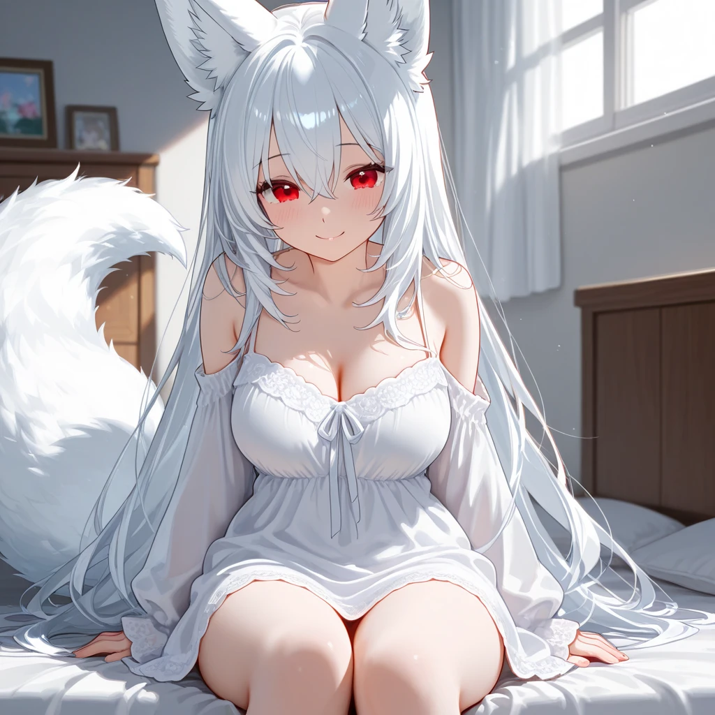 masterpiece、top-quality、1girl in。(bathrobe:1.2), white  hair,Red Eyes,(mare:0.8), (Fantastical:0.7), (A smile:0.8),fox ear,salon,wear bra, wear dress , wet clothes,wet hanging,salon, perfect body, perfect breast,((blush on: 1.2)),((fox-tails:1)), perfect big fox-tails, crop top, white legwear,hair bobbles, tights, recumbent on the bed, hot, top view, girl below, looking up, Wear dress, white suit,((wet:1.3)), neckline, navel, t-shirt, ((bra)), clothes lift, tights, perfect face