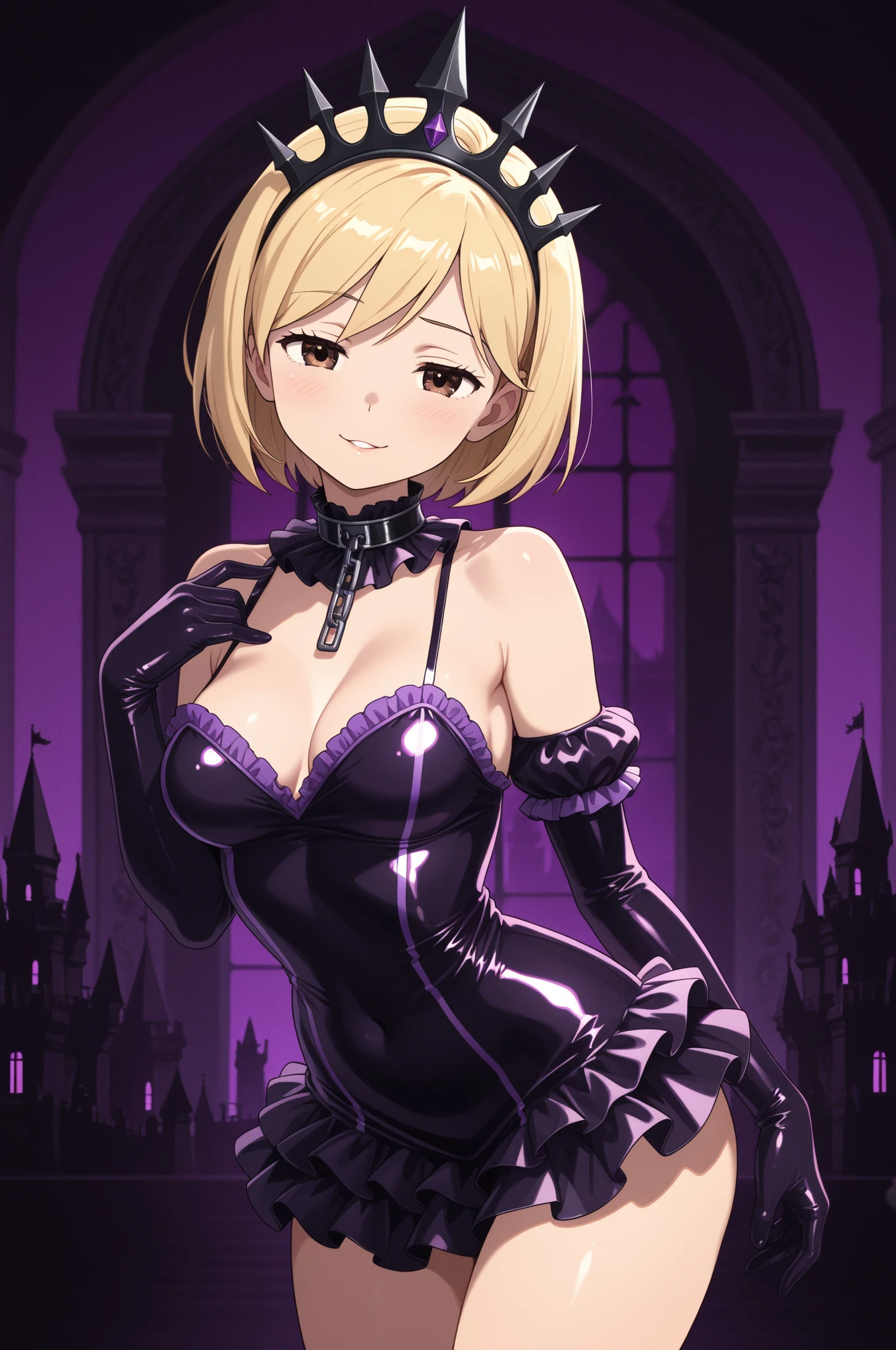 1 girl, alone, desumi magahara, short hair, blonde hair, green eyes, black gloves, pink outfit with black details, cleavage, large breasts, medium waist, wide hips, medium thighs, round butt, cape, boned decorations, up to the elbow gloves, thigh high stockings, thigh high boots, black boots, black suspenders, choker with skull detail, pink leotard with black details, black cape, outdoors, cityscape, leaning, smile, alone, dutch angle, looking to the viewer, from behind, pov (from below), antonia perfection, perfect hands, cowboy shot,