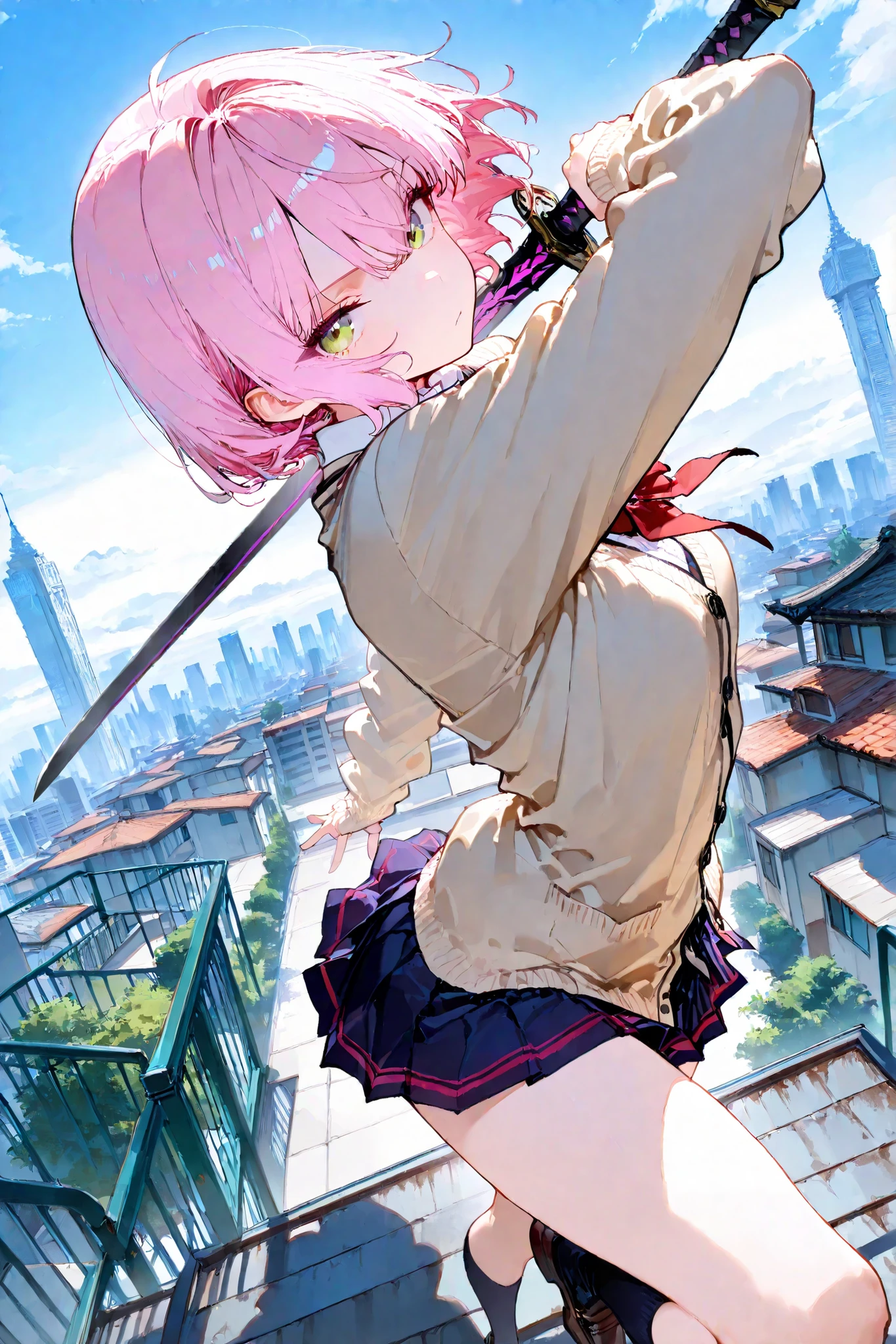 masterpiece, Highest Quality, detail, ultra detail, extremely detail CG, highly detail, complicated, Professional Quality,
high resolution, 4K, 8k, absurd, Unity 8k 壁紙, high resolution, crisp quality, Very Pretty Girl, School Uniform, Cardigan, miniskirt,short hair, Broadsword, dynamic pose, dynamic angle, Skyscraper Rooftop Garden,