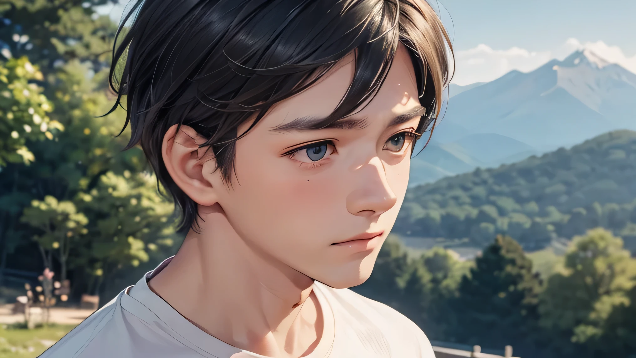 male Japanese handsome guys short hair dark haired tight white t-shirt composition zoomed on a face Only the face looks slightly upward and a sad expression eyes The gaze is directed far away summer resort Plateau Resort Beautiful sky and mountains in the background composition zoomed on a face Only the face Mountain range in the background tight white t-shirt
