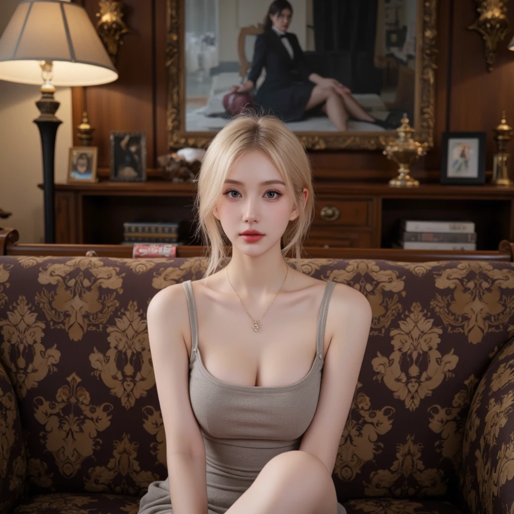Photorealistic, high resolution, 1 woman sitting on the sofa, huge tit,Bigchest,Big Mimi,Solo, Hips up, view the viewer, (Detailed face), White hair, Long hair,Bunny girl uniform,Bunny girl set,black lence stockings,wide wide shot