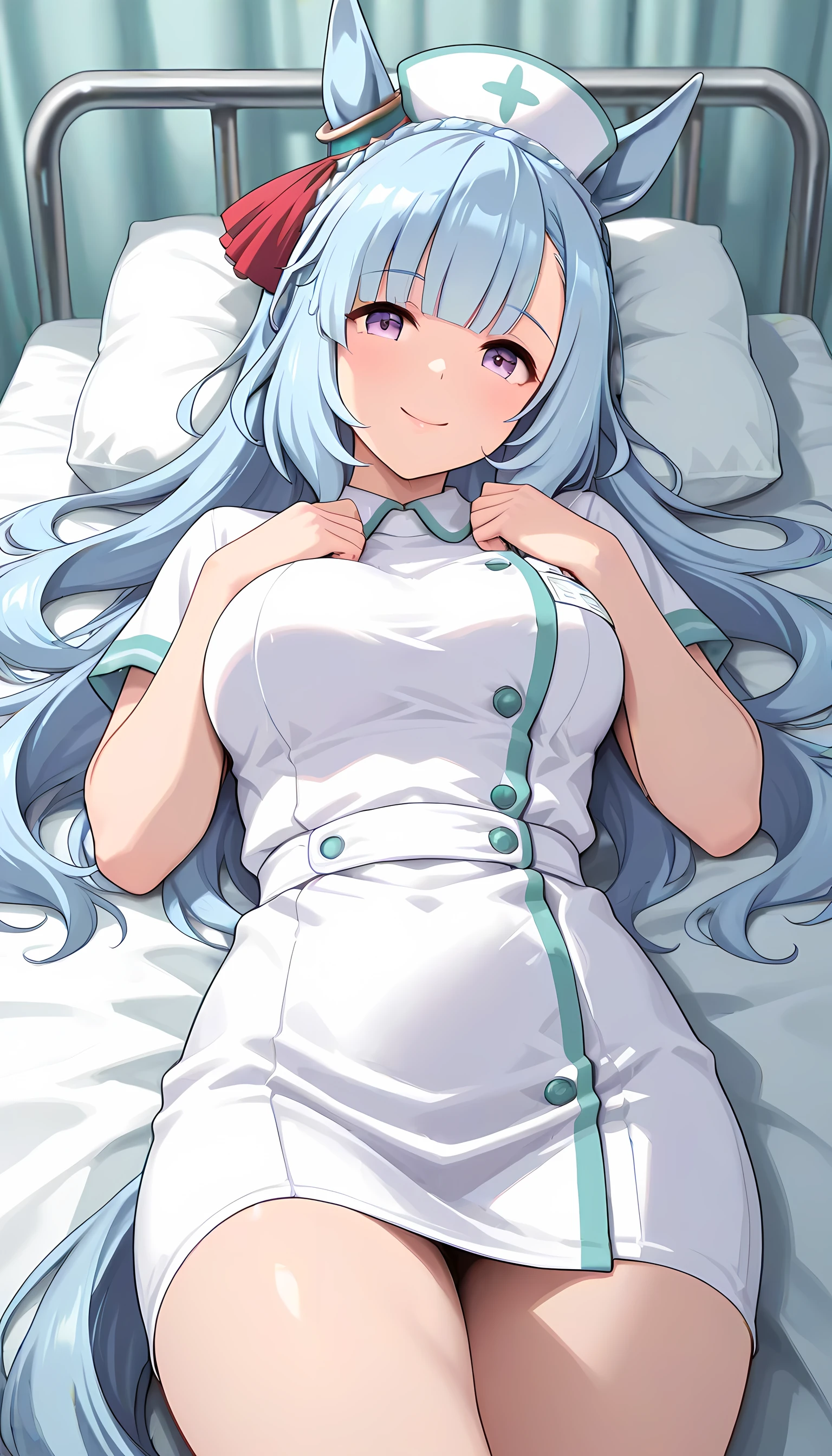 ((top quality, masterpiece, high res)), one girl, Mejiro Ardan\(umamusume\), nurse, nurse, Hospital room, horse tail, Smile, lying on the bed
