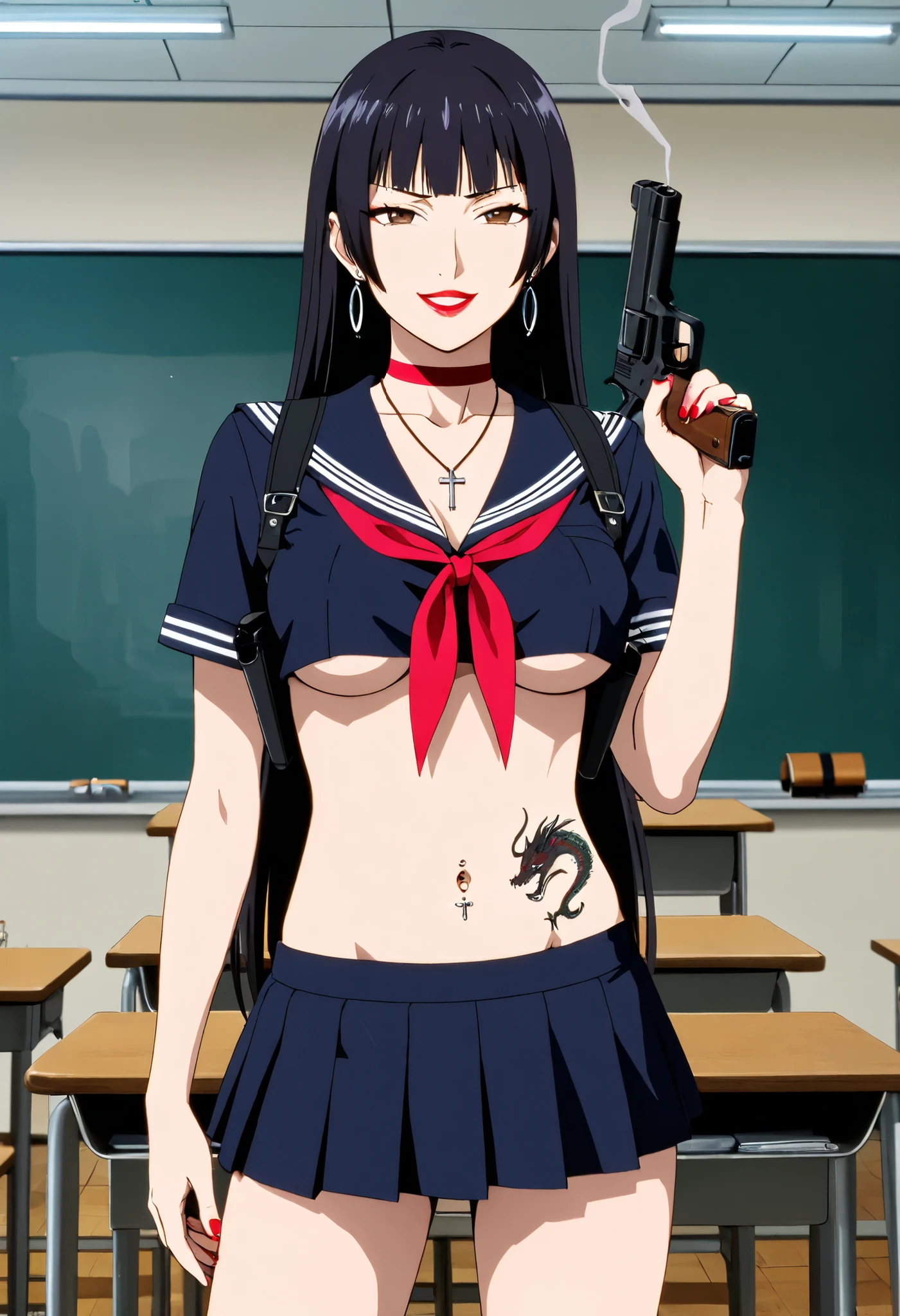 score_9, score_8_up, score_7_up, score_6_up, score_5_up, score_4_up, nao kadena, black hair, very long hair, bangs, brown eyes, makeup, lipstick, bangs, red choker, , earrings, nail polish, ,ear piercing, long hair, , lipstick,Hot girl, baddie, smoking, sensual, attractive cross necklace, choker,, masterpiece, best quality, highly detailed, a girls in sailor uniforms with a gun posing for a picture, evil
smile, smile, open mouth,black_serafuku, (nsfw) not safe for work, ecchi style, high school girls, holding
a gun, hold a gun, micro skirt, exposed belly, exposed navel, exposed midriff, holding pistol,underboob,
exposed lower belly,school, classroom, navel piercing , shoulder holster, medium breasts , dragon tattoo on waist , narrowed eyes , tattoo on waist , anipai_style , anime screencap , anime coloring , v-shape eyebrows ,,