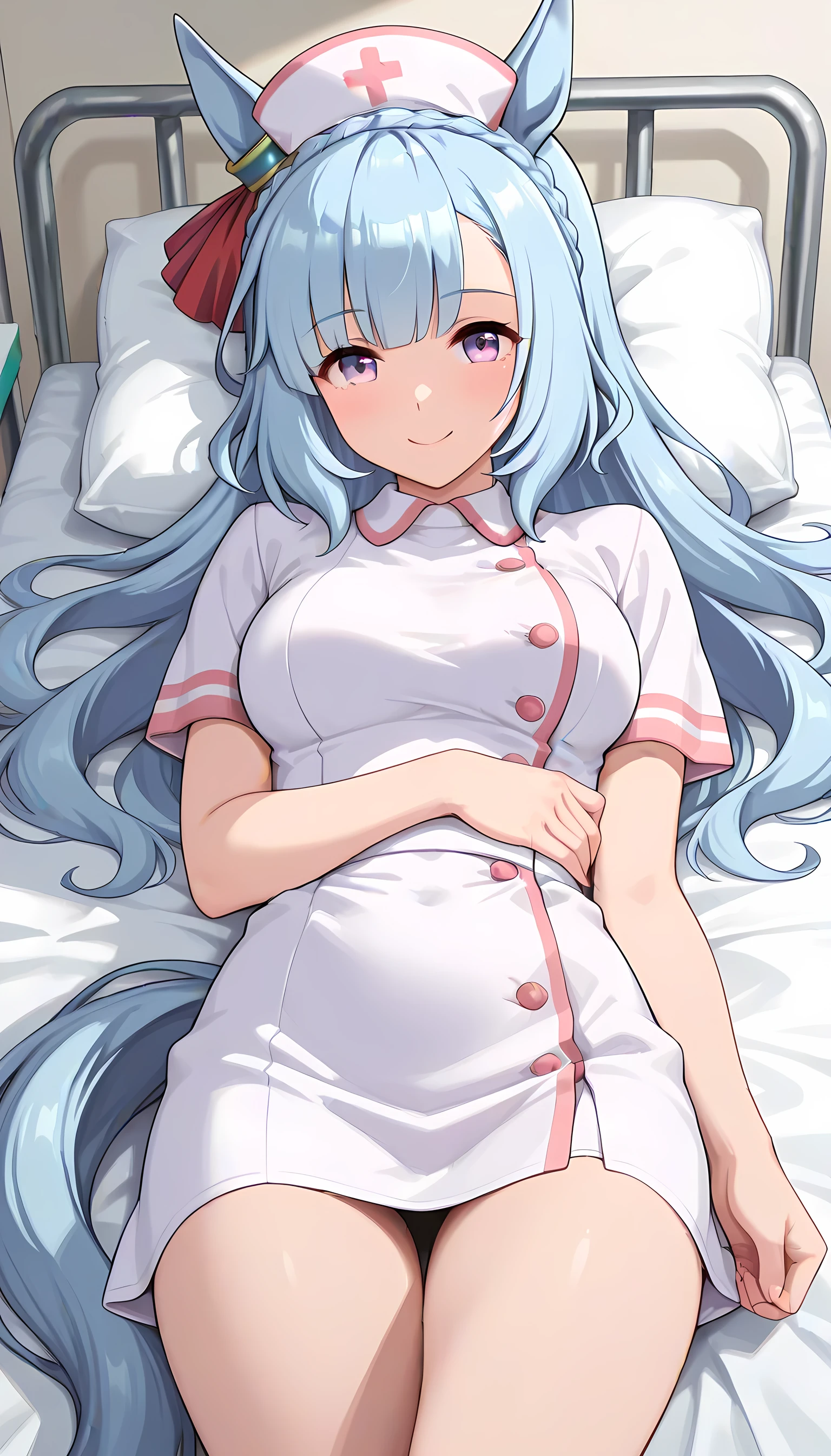 ((top quality, masterpiece, high res)), one girl, Mejiro Ardan\(umamusume\), nurse, nurse, Hospital room, horse tail, Smile, lying on the bed