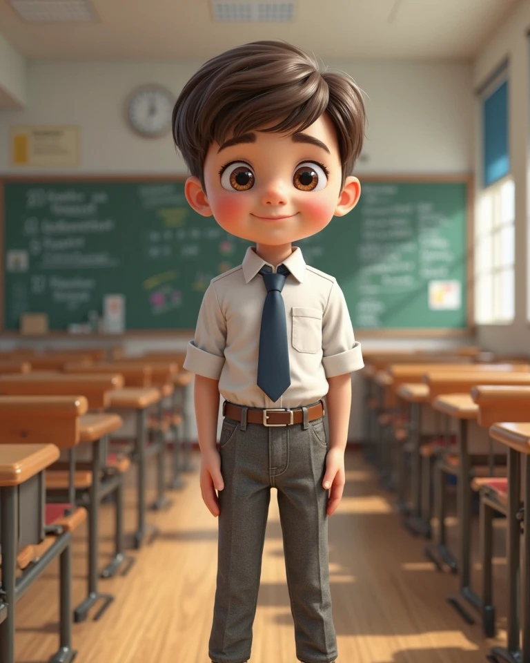 a  standing in a classroom, ten years old