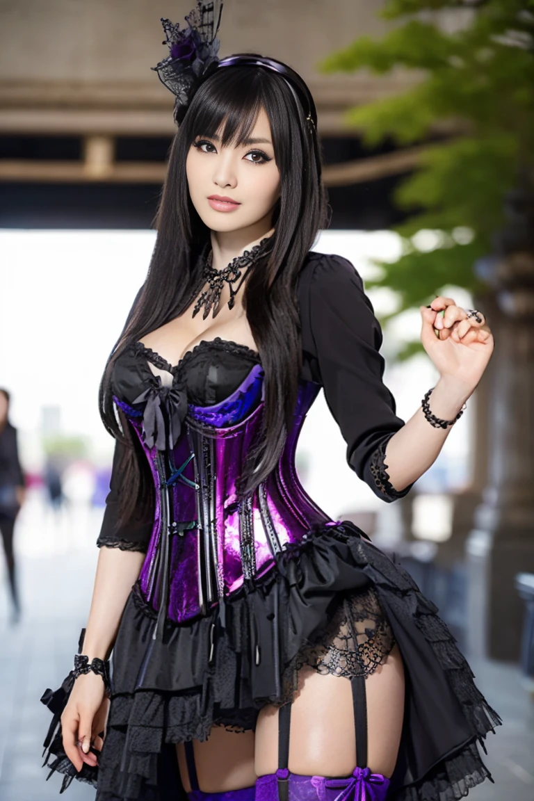 (((full figure))), 25 year old woman, facial features like actress Monica Bellucci, sexy, erotic, voluptuous, goddess pose, smooth skin, (wide neckline), (((braided black hair) )), bangs, highly detailed eyes, ((blue eyes, sparkling eyes, eyebrows behind the hair, long eyelashes: 1.3, deep-set, detailed, sleepy eyes, makeup around the eyes)), eye makeup, smile light, summer, night, outdoor, low light, ((wearing purple and black corset, purple and black mini skirt, steel stilettos)), full body, photorealistic, bokeh, masterpiece, UHD.