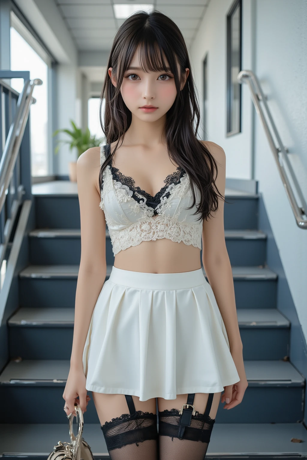 (16-year-old Japanese girl with a slender figure, Medium breasts, Despite being 13 years old，but the baby face is still cute.:1.5),(Full body portrait:1.5),The waist is narrow,pure white transparent mini-skirt underwear, Lace gloves, high heels and garters,standing with nothing,a girl desperately trying to hold her pee,a shot looking up from the floor
