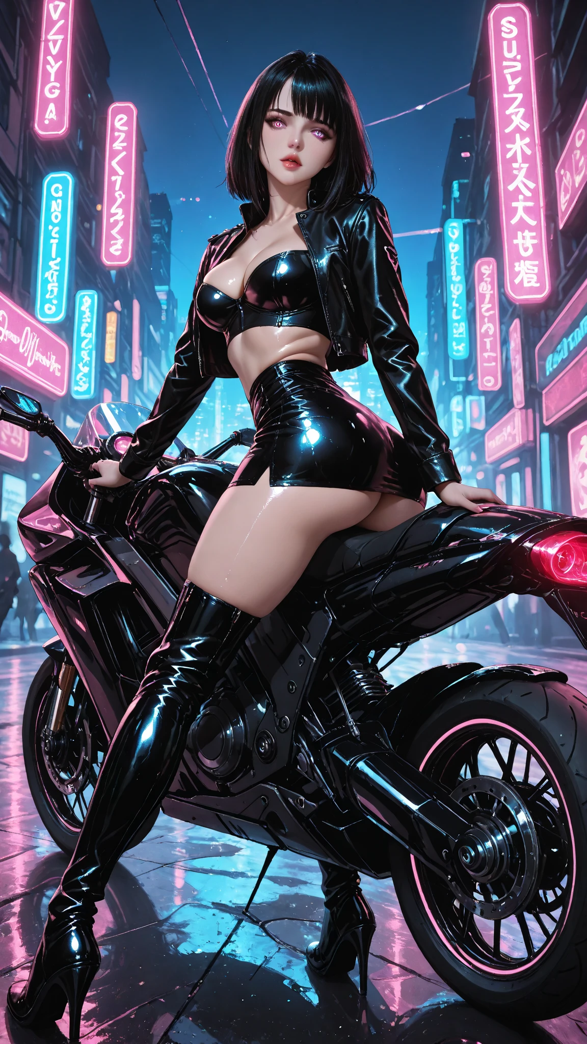 masterpiece, best quality, 1 cyberpunk girl, full body shot, standing in front of motorcycle, looking at viewer, Confident cyberpunk girl with sassy expression, Harajuku-inspired pop outfit, bold colors and patterns, eye-catching accessories, trendy and innovative hairstyle, vibrant makeup, Cyberpunk dazzling cityscape, skyscrapers, neon signs, LED lights, bright and vivid color scheme, anime, illustration, detailed skin texture, detailed cloth texture, beautiful detailed face, intricate details, ultra detailed.