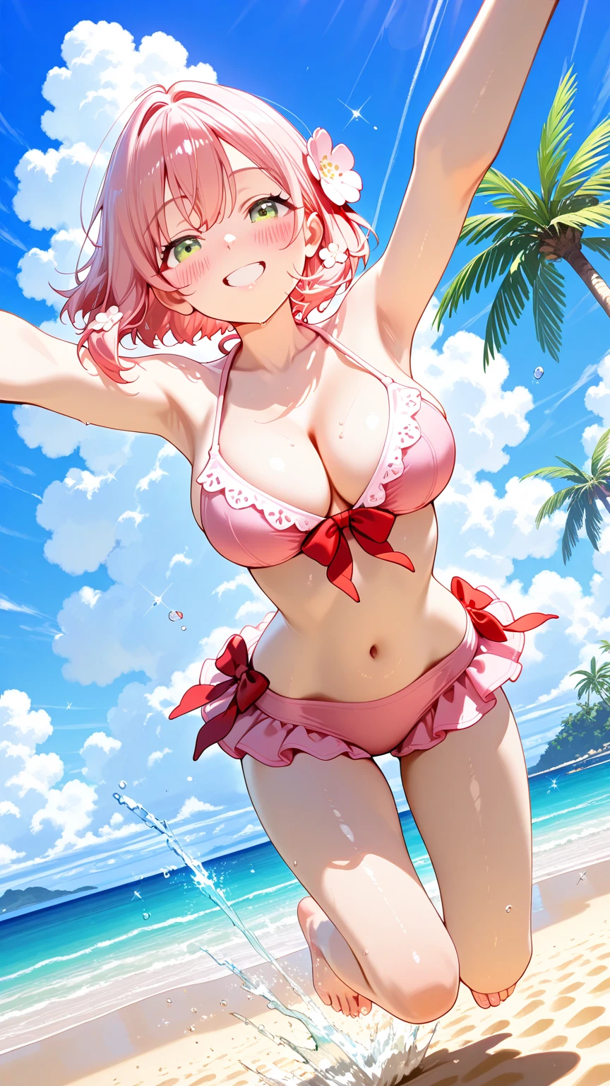 (anisphia_wynn_palettia:1.2), 
pink skirt, short hair, bikini, 
(((masterpiece))),(((best quality))),(((extremely detailed))),
illustration, shiny,chromatic aberration abuse,pastel color