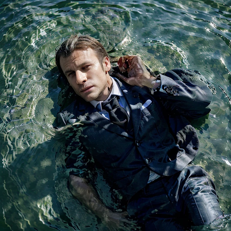 macro photography of  fashion model's blue eyes poke out of the black water at night,