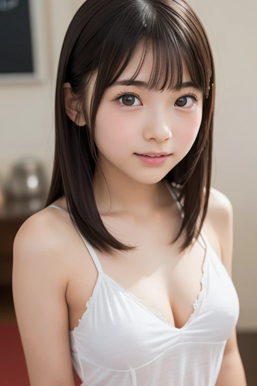masterpiece, highest quality, RAW Photos, 8k, One Girl, close, Focus on the face, Beautiful and detailed skin, Backlight, Soft Light, shy, Embarrassing, Reveal, avert your eyes, Anatomically correct, Medium Hair, (bangs:1.4), Put your hair up, Eye and facial details, Textured skin, Professional photography, Professional Lighting, cute, girly, Film Grain, White A-Line Dress、Race、Skin-tight clothing、白いRaceのミニスカート、White high heels、Cleavage、Lying down、Sleep on your back、Beautiful belly button、Stand with your feet apart、smile、Embarrassed、