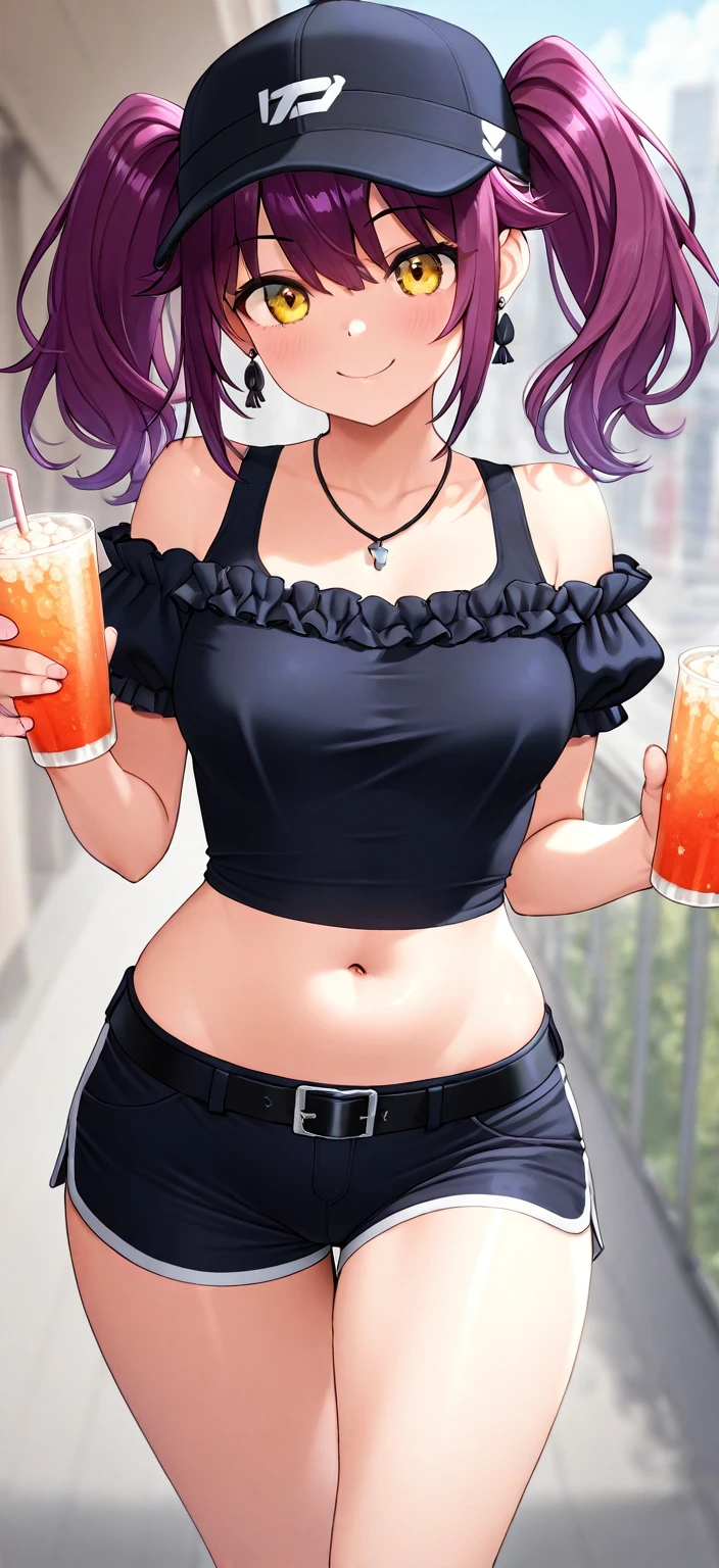 ((highres)), Masterpiece, high quality, best quality, beautiful, perfect lighting, detailed face, ultra cute face, ((1girl)), ((solo)), (blush), short brown hair, green eyes, jeans, white crop top, fast food restaurant, cleavage, medium breasts, ((wide hips)), (thick thighs), (chubby), hand on hip, holding drink