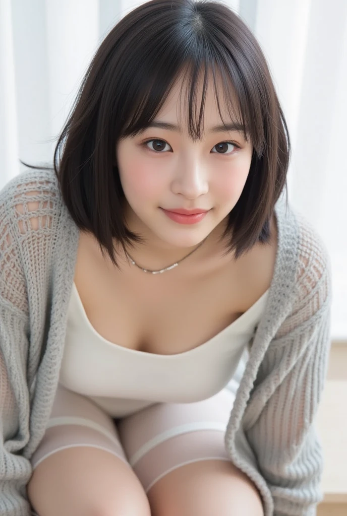 NFSW,In 8K,highest quality:1.4, Super high resolution:1.5, (realistic:1.4),masterpiece:1.2,(highest quality:1.4)、 RAW photo、 (background is blurry),  1 japanese girl, cute, (alone:1.4), (shy smile), smooth skin、 (Brown shorthair,bangs),Nogizaka,supple fingertips,beautiful black eyes、dual、natural skin texture:1.3, Realistic eye and face details:1.7、medium breasts、daytime、tight buttocks:1.5、look at the viewer,(fine eyes:1.1)、cute、Thighs are visible、chest is visible、beautiful legs