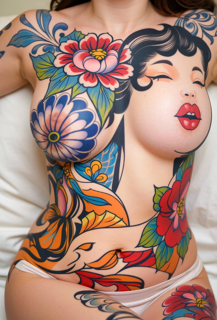 Grace Kelly covered in murals all over her body completely naked and smiling