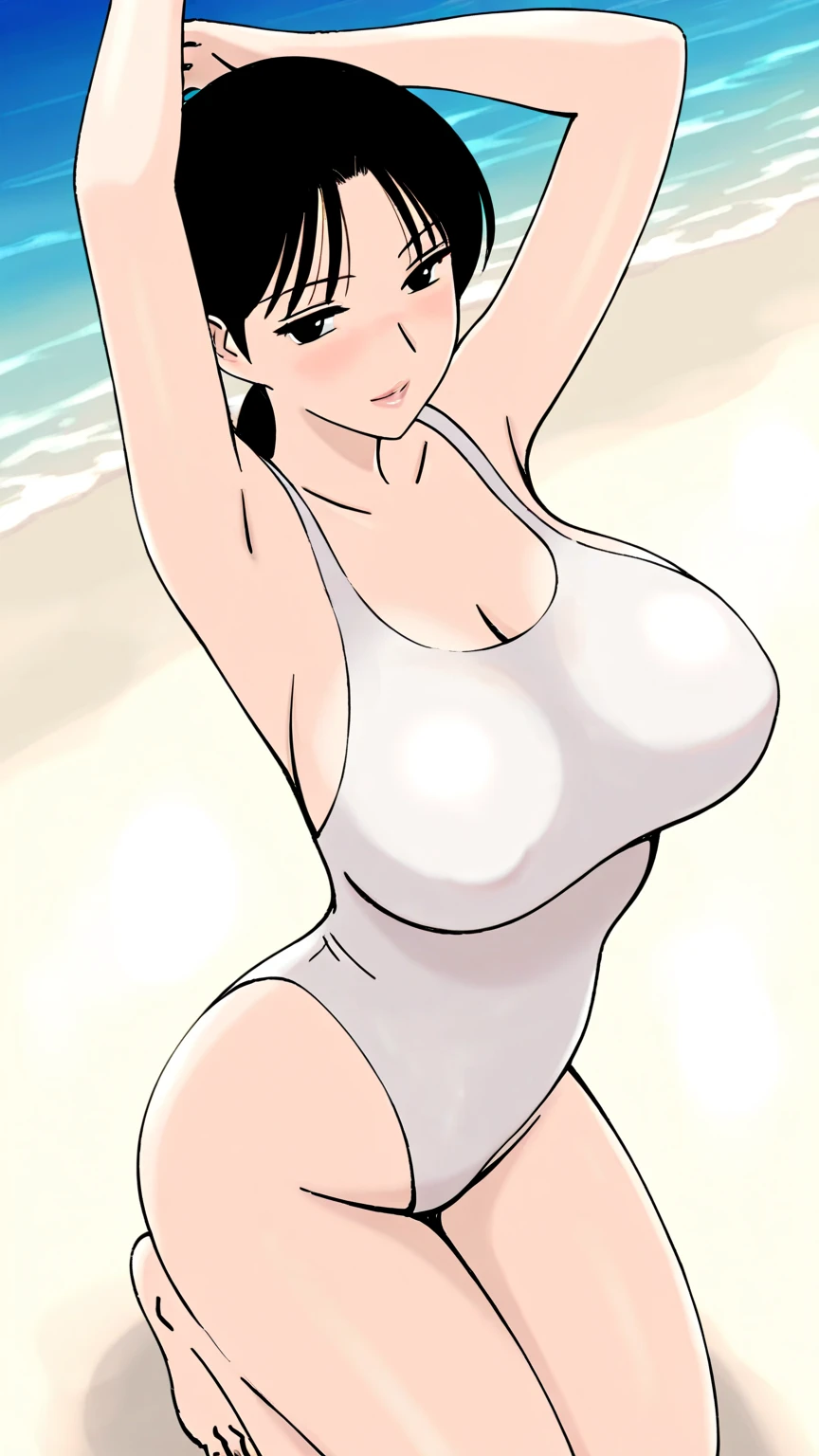 (perfect body),highest quality,16k、Masseter muscle part、((NSFW))、((upper body))、((((embarrassing))))、:o、Are crying、、(brown skin)、Tree Fe○lumes、short hair、(red eyes),dark hair、((Sweat))、((huge breasts))、swollen nipples、(beach)、Both armpits、White Bikini、Hands restrained behind the head、On your back、thick thighs、sit、legs spread、glasses