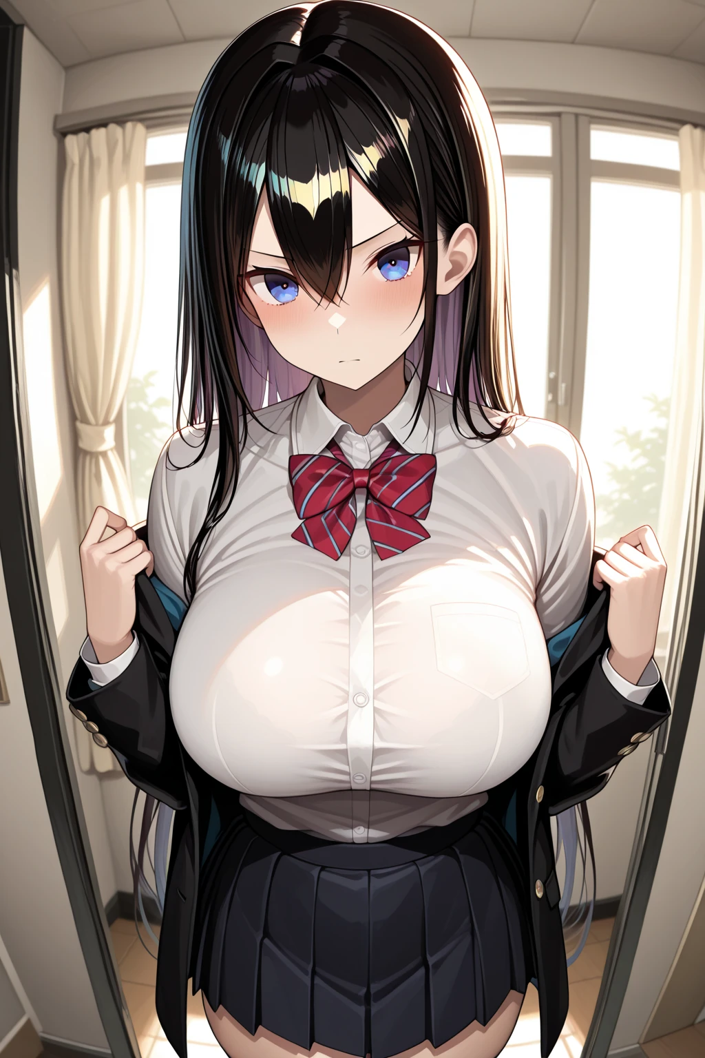 masterpiece，Highest quality，Highly detailed face，(((1 slim ))), ((1boy and 1girl are ))，(( there))，(((, :1.3)))，(Black hair ponytail),  ((())), (((White see-through shirt、Pleated skirt:1.4)))，((Girl straddling a man:1.5))、((Painful face))、Heart symbol、excited、White Breath、((( in the classroom)))、(Sweat:1.2)、Nervous、Heart symbol