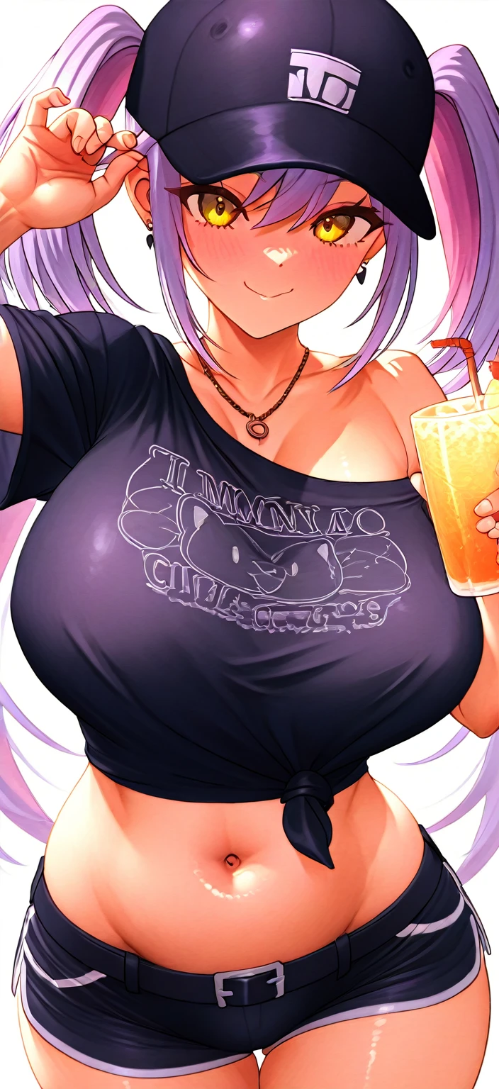 2heads, a chubby woman with 2 heads. She has enormous breasts. She is wearing a zip-up hoodie. Her hoodie is unzipped. She is not wearing clothes beneath the hoodie. Her enormous breasts are exposed through the unzipped hoodie. She is wearing jeans. She has thick thighs. She has gigantic breasts. She is blushing. She is smiling. She looks seductive. Massive breasts. She has bright rainbow hair. She has brown skin.