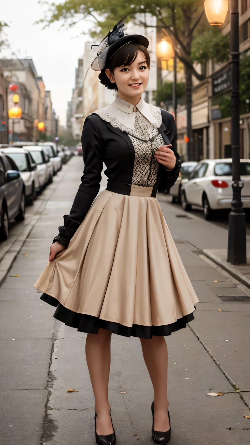 a mischievous pin-up girl vibe, giving a cute, squinty smile, elegant pinup girl in silk bias-cut midi dress, skirt, windy aerial hairstyle, long gloves and cloche hat, naturally open her thighs, Art Deco city street with vintage many things, soft diffused lighting, slight sepia tone, squirting, orgasm,