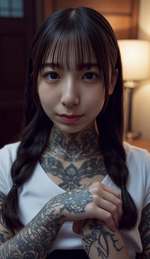 Georgeous, Beautiful, Cutes, Baby Face, 20 Years Old, White Skin, Cleavage, Large Breast, Large Chests, ((Rose Gold , Muscles, Athletic, Girly, Japanese Vintage Background, Twintails, Hair with Bangs, Open Mouth, Masterpiece, Adorable, Beautiful Large Eye, Dramatic Vintage Lighting, (Yakuza Tattoo), ((Tattooed:1.1)), HDR, Fish Gape Selfie